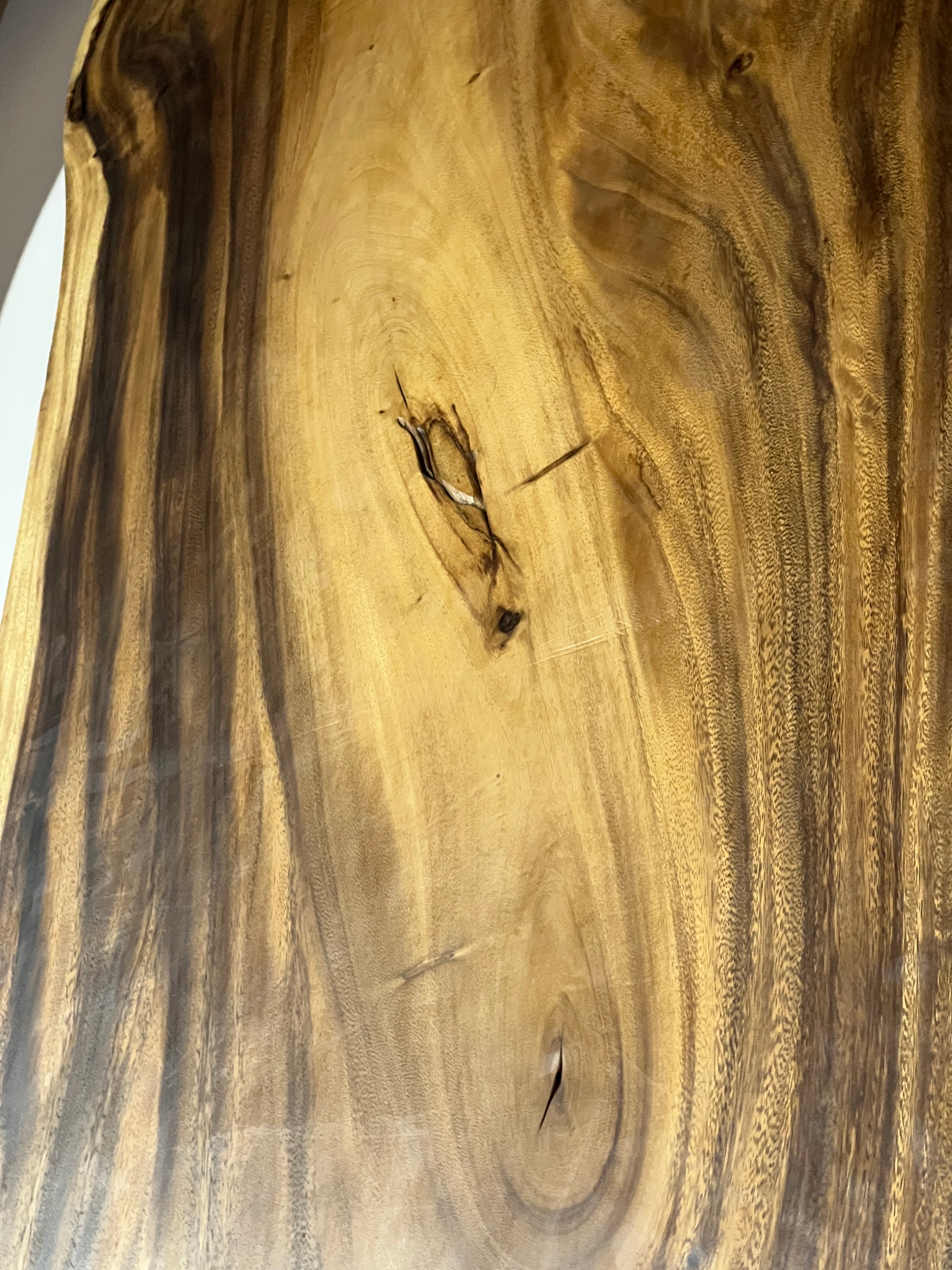 No. 9 – 150” Live Edge Dining Table – Acacia Slab with Limestone Base