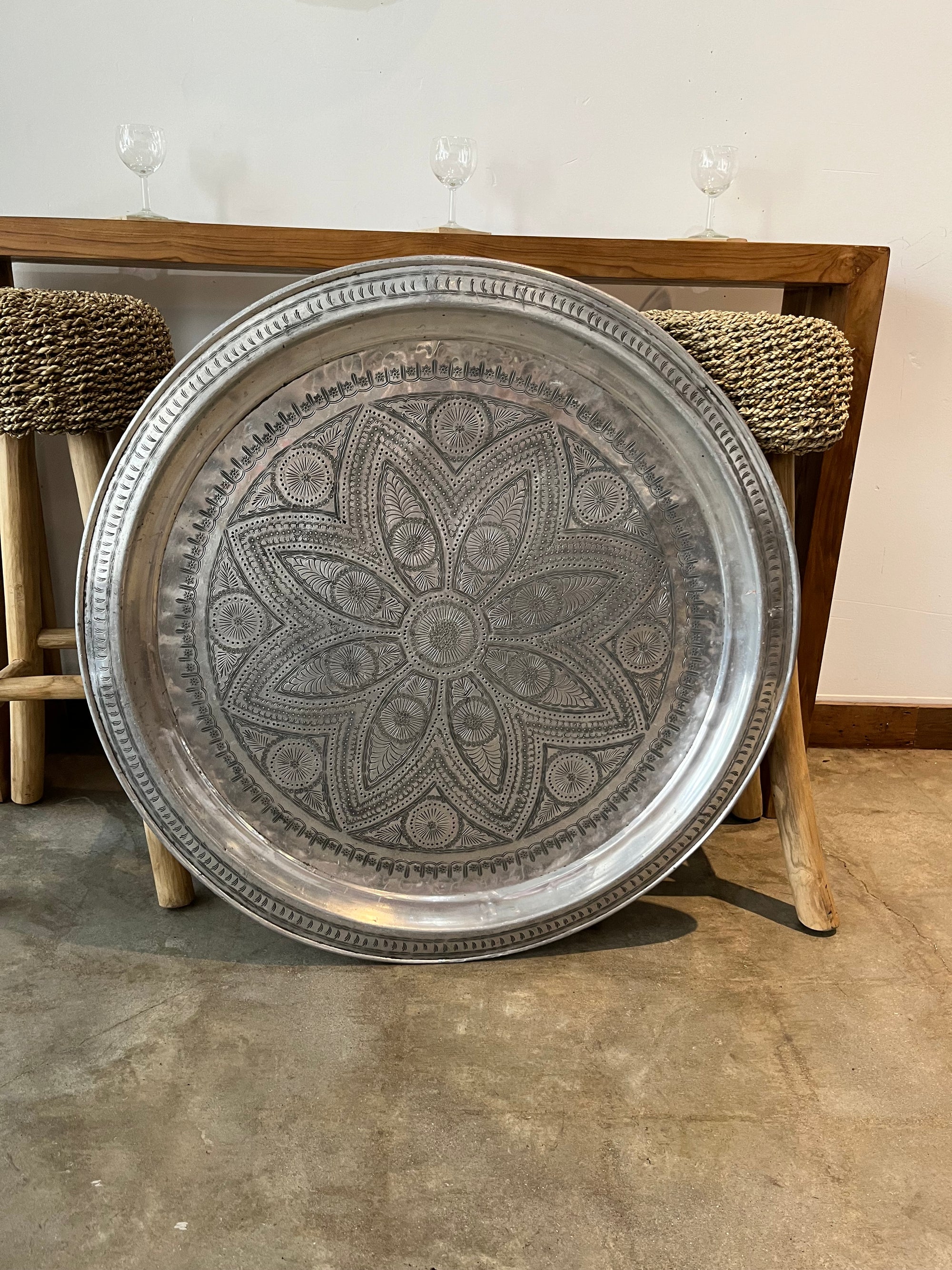 Vintage 1970 Large Moroccan Aluminum Coffee Table Tray – 34" Hand-Hammered Ottoman Lotus Design – Boho Decor Accent or Serving Table