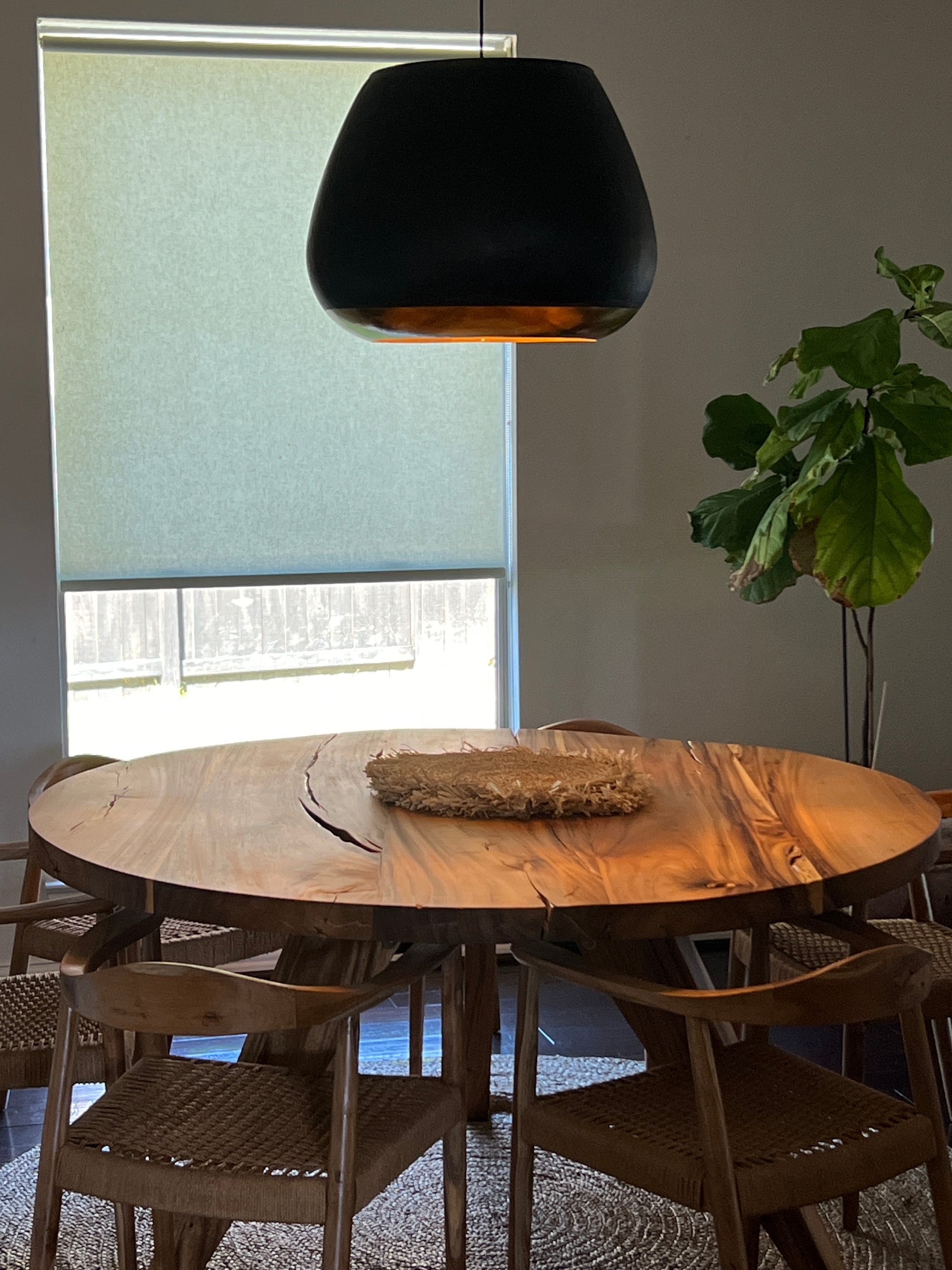 No. 33 – 63” Round Live Edge Dining Table – Solid Acacia Slab with Wood Base