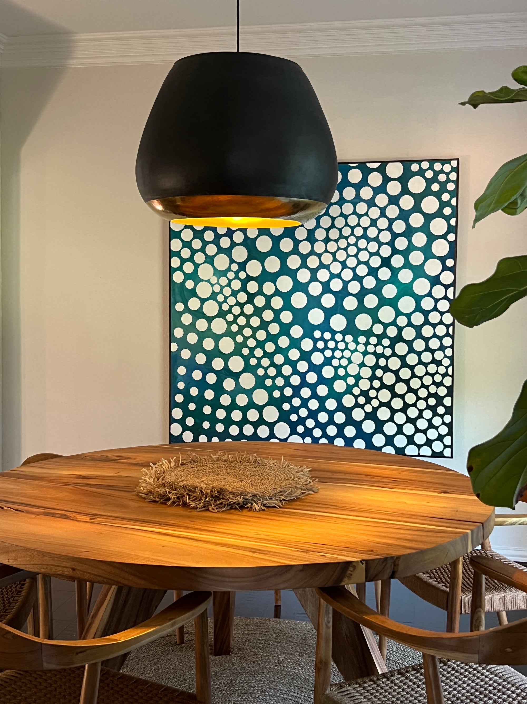 No. 33 – 63” Round Live Edge Dining Table – Solid Acacia Slab with Wood Base