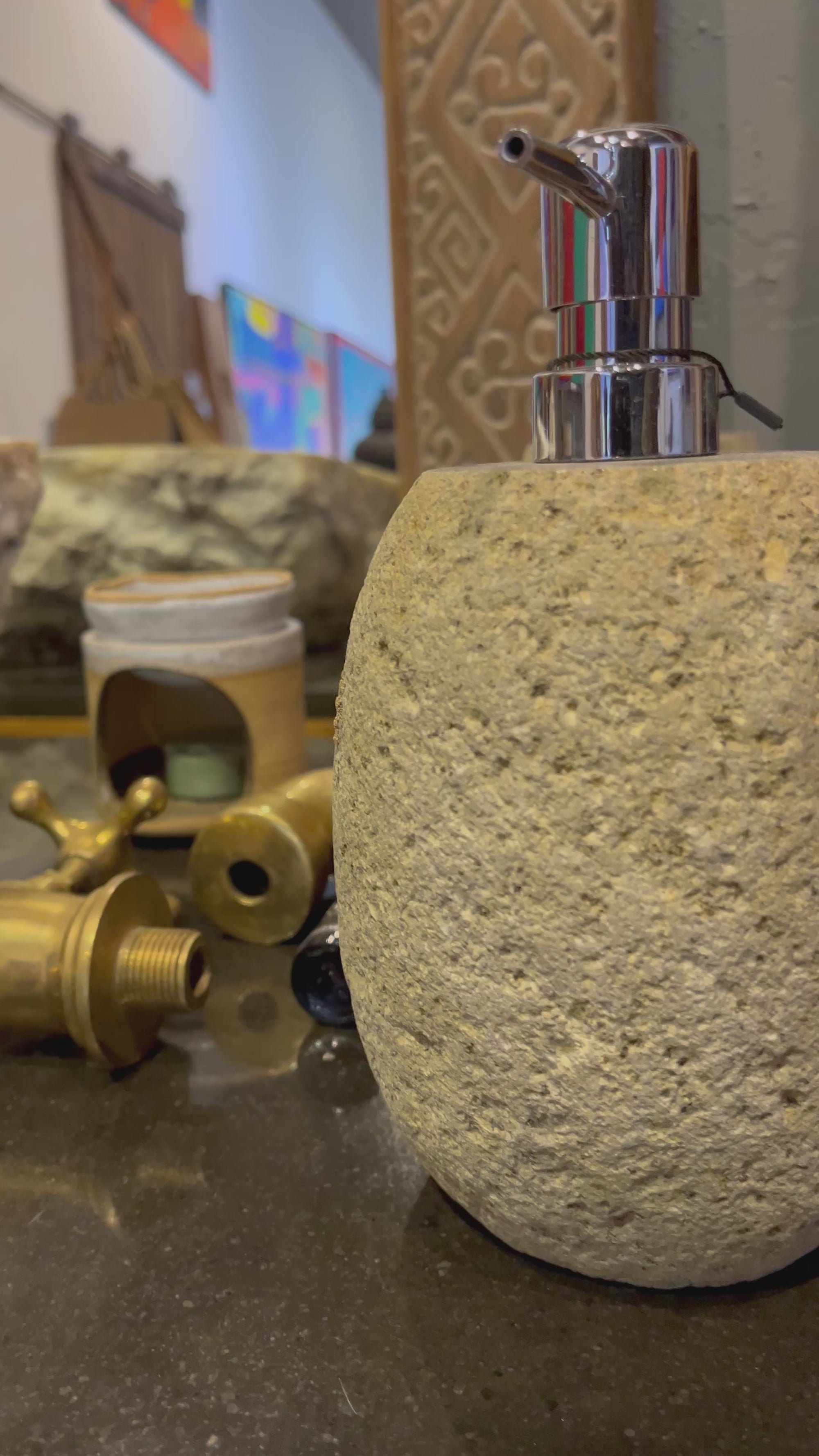 Stone Soap Dispenser with Pump, Natural River Stone Bathroom, Kitchen, Studio Accessory