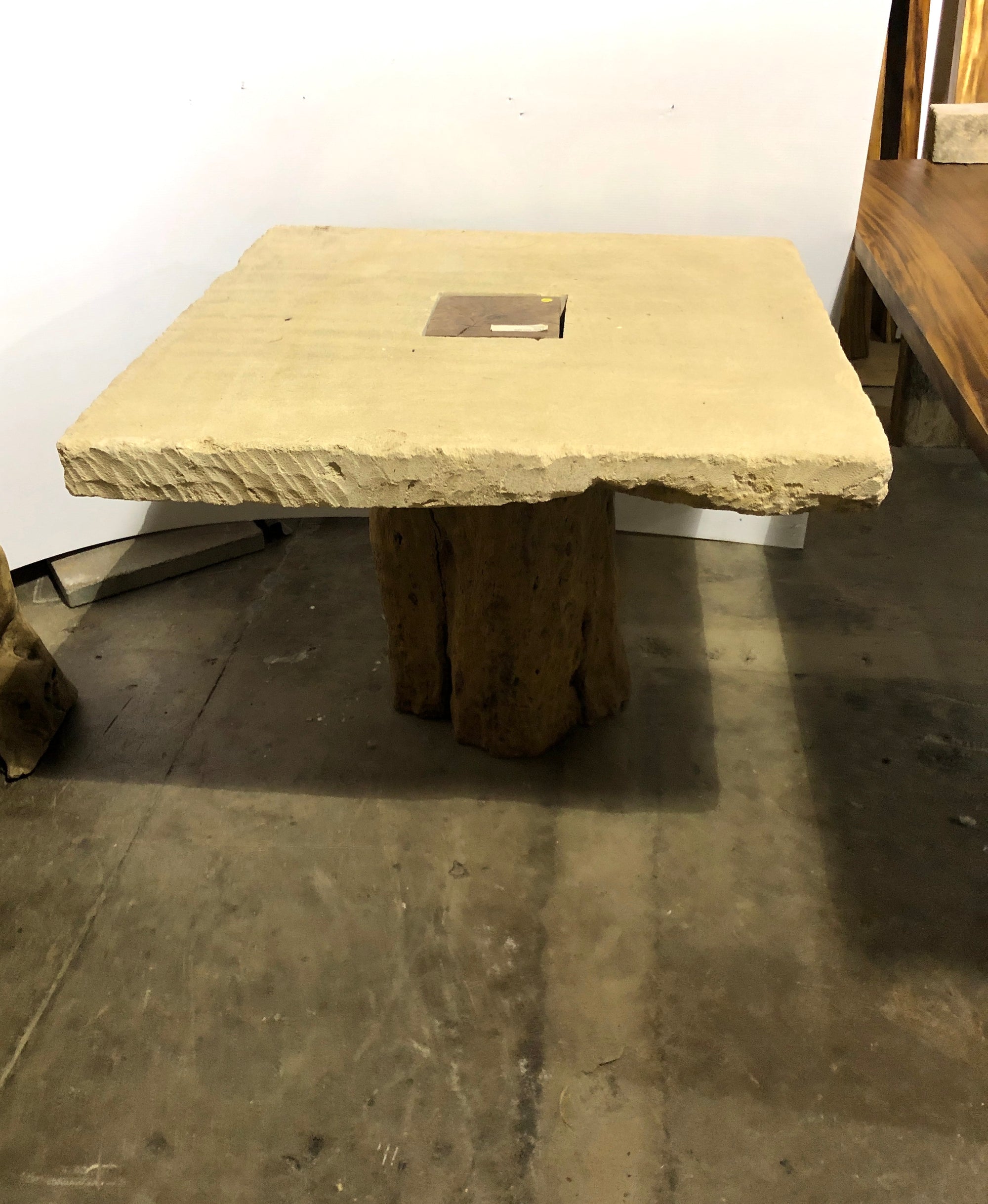 Square Limestone Table with Tree Trunk Base