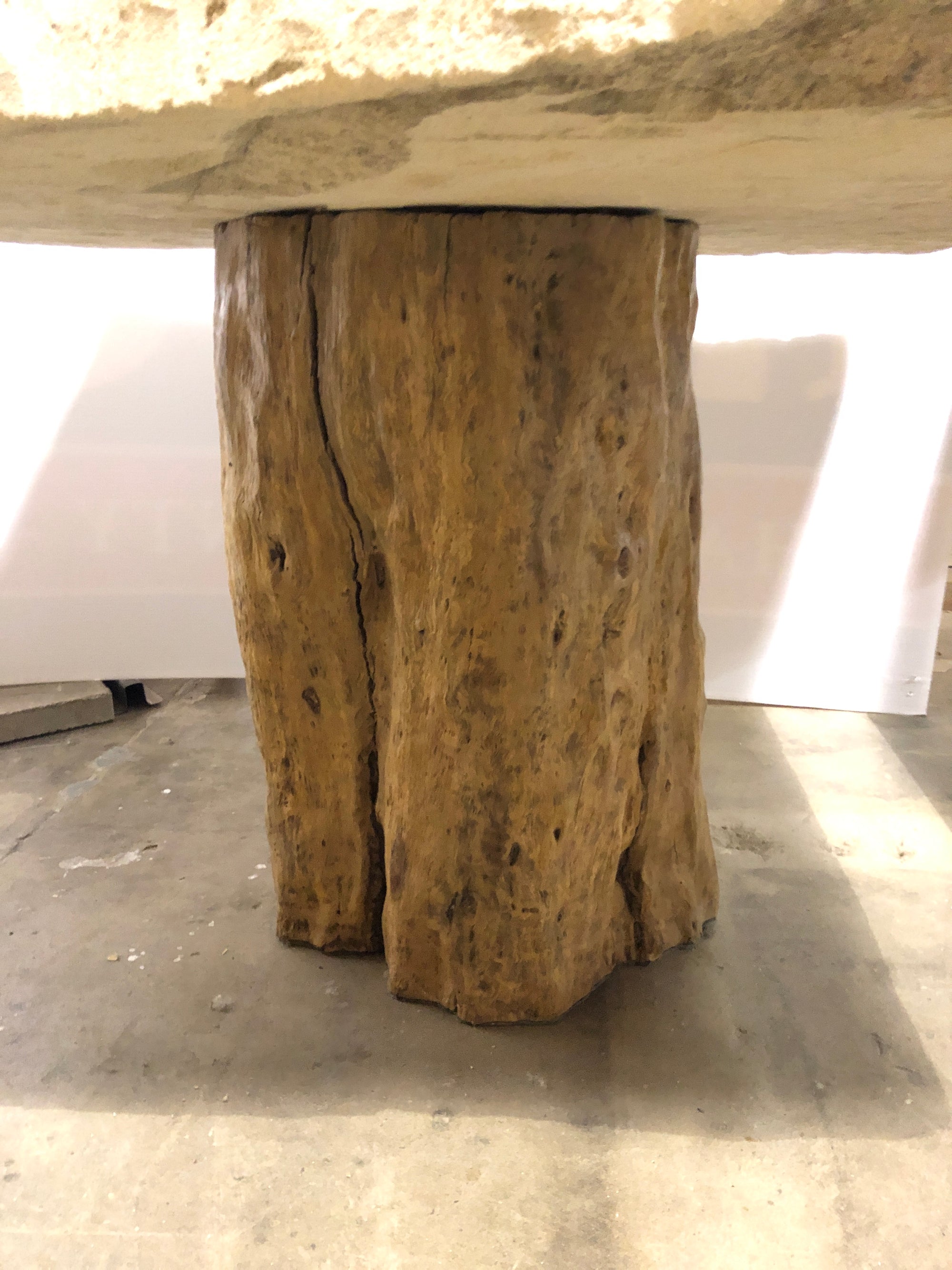 Square Limestone Table with Tree Trunk Base