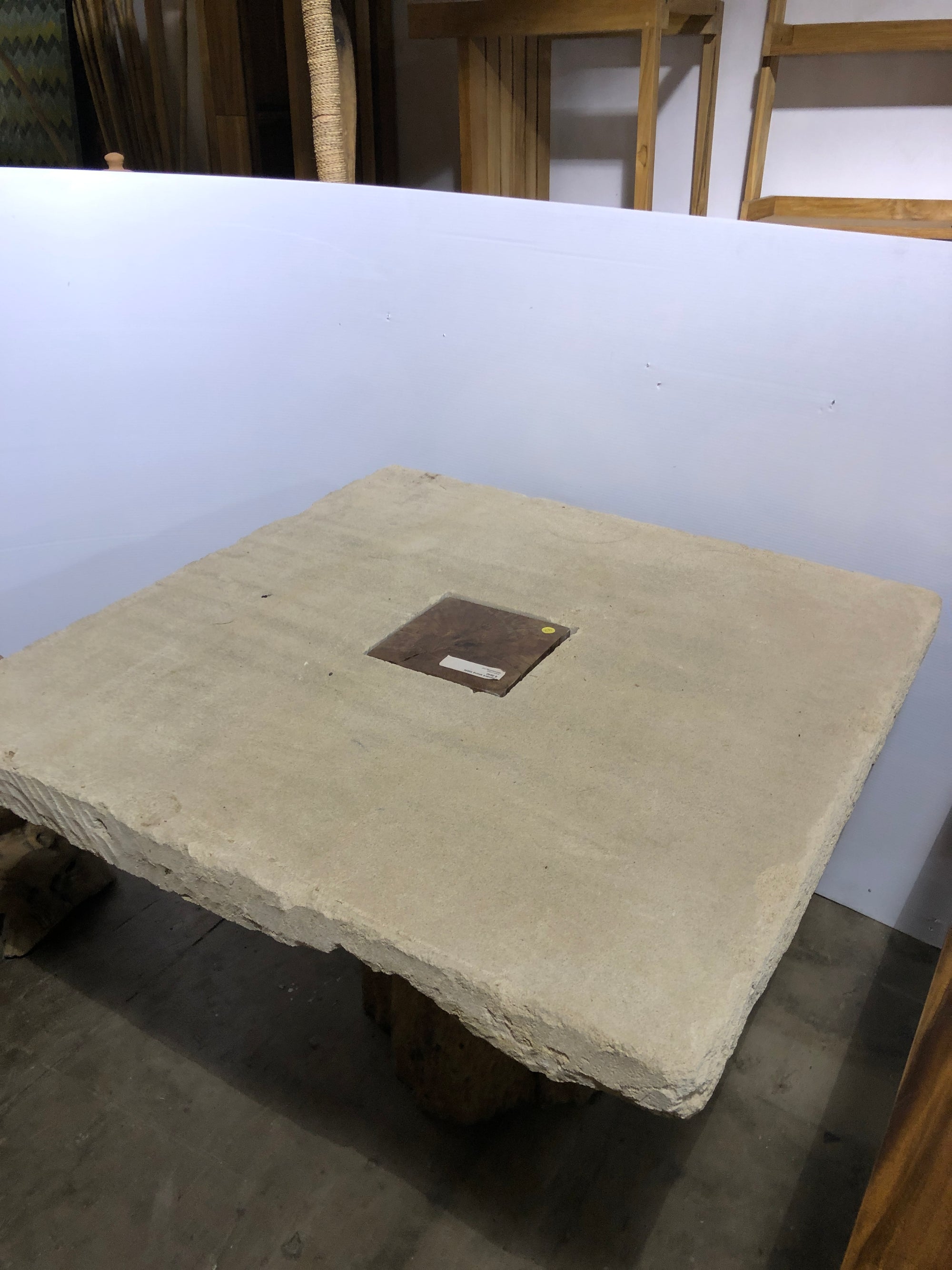 Square Limestone Table with Tree Trunk Base