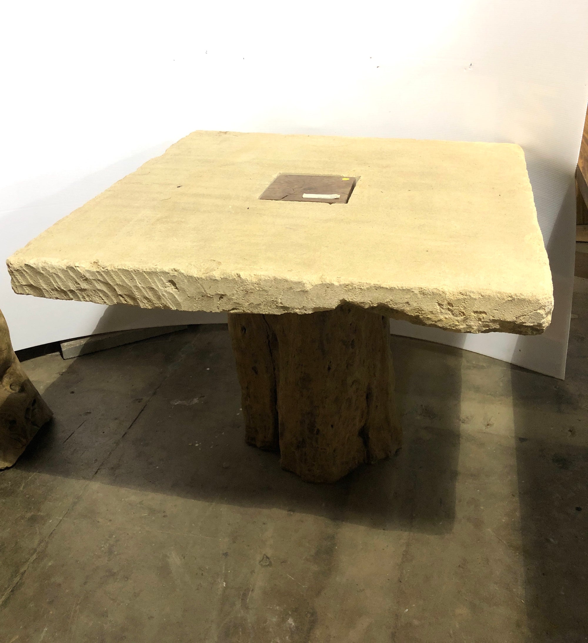 Square Limestone Table with Tree Trunk Base