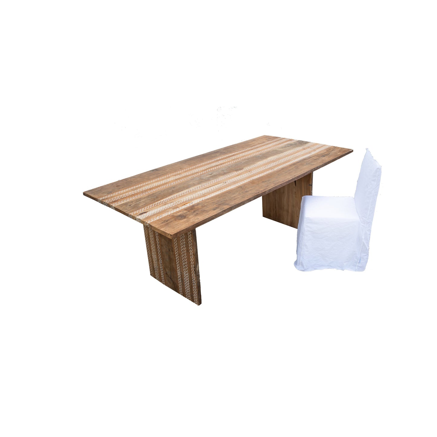 ARKA Living DINING Reclaimed Wood table with mother of pearl: solid teak wood dining table