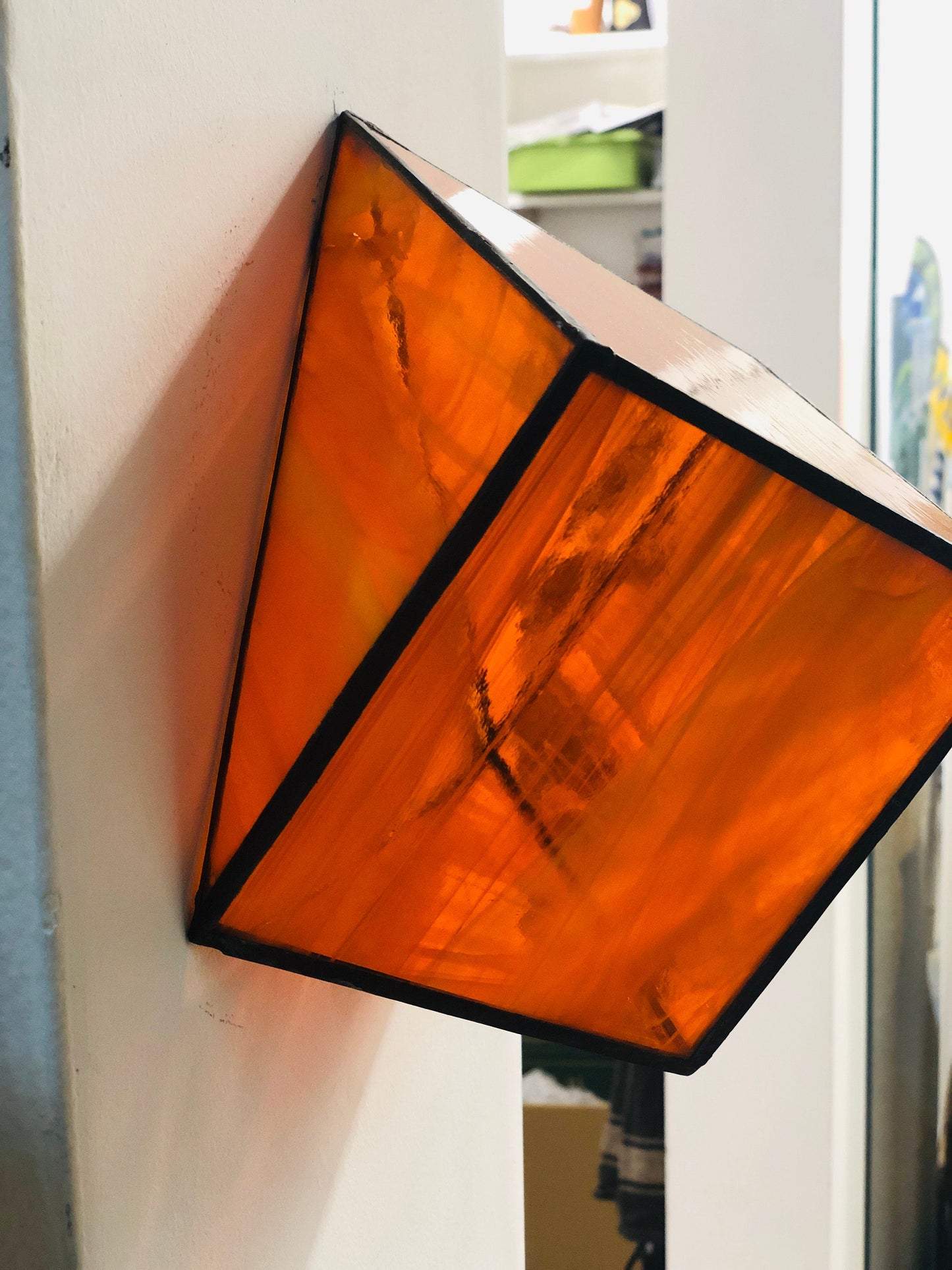 Stained Orange semi transparent glass 3D geometric cube wall or table top decoration Sculpture Tiffany technique - Large, Platonic Solid