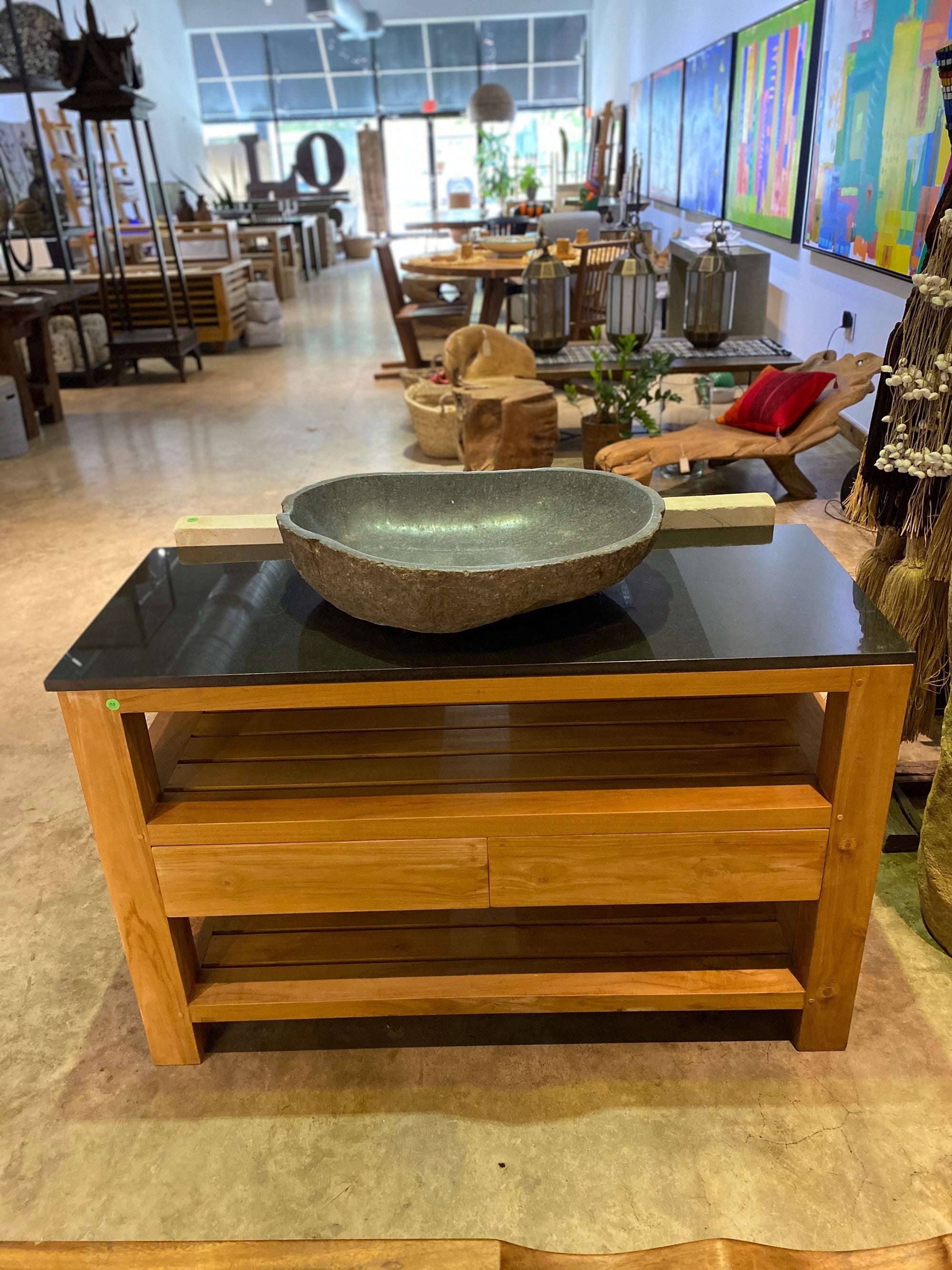 Teak wood single vanity with drawers | Natural Teak Modern Design | W/ DARK MARBLE TOP