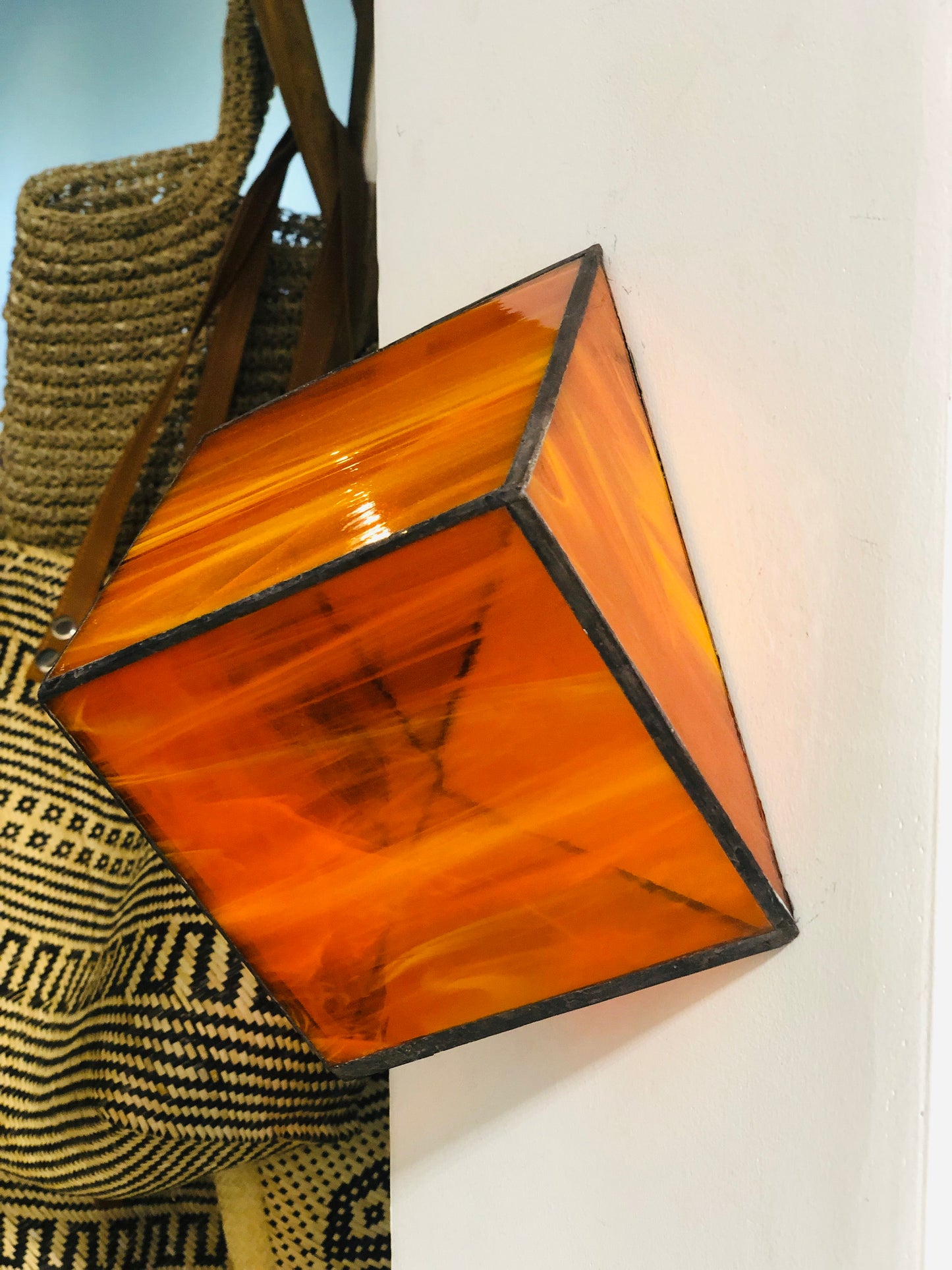 Stained Orange semi transparent glass 3D geometric cube wall or table top decoration Sculpture Tiffany technique - Large, Platonic Solid