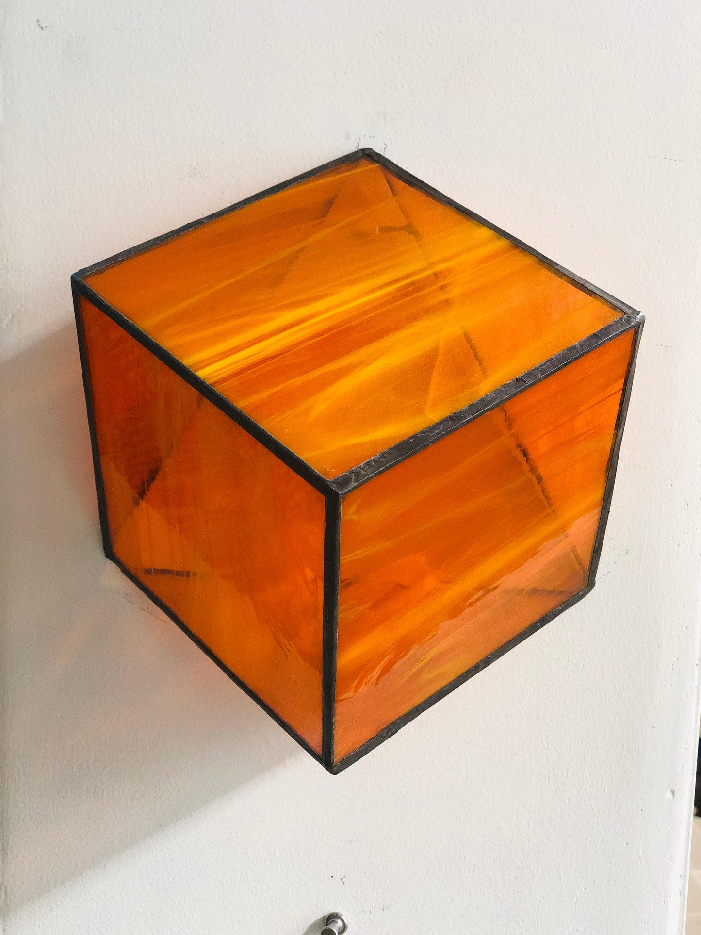 Stained Orange semi transparent glass 3D geometric cube wall or table top decoration Sculpture Tiffany technique - Large, Platonic Solid
