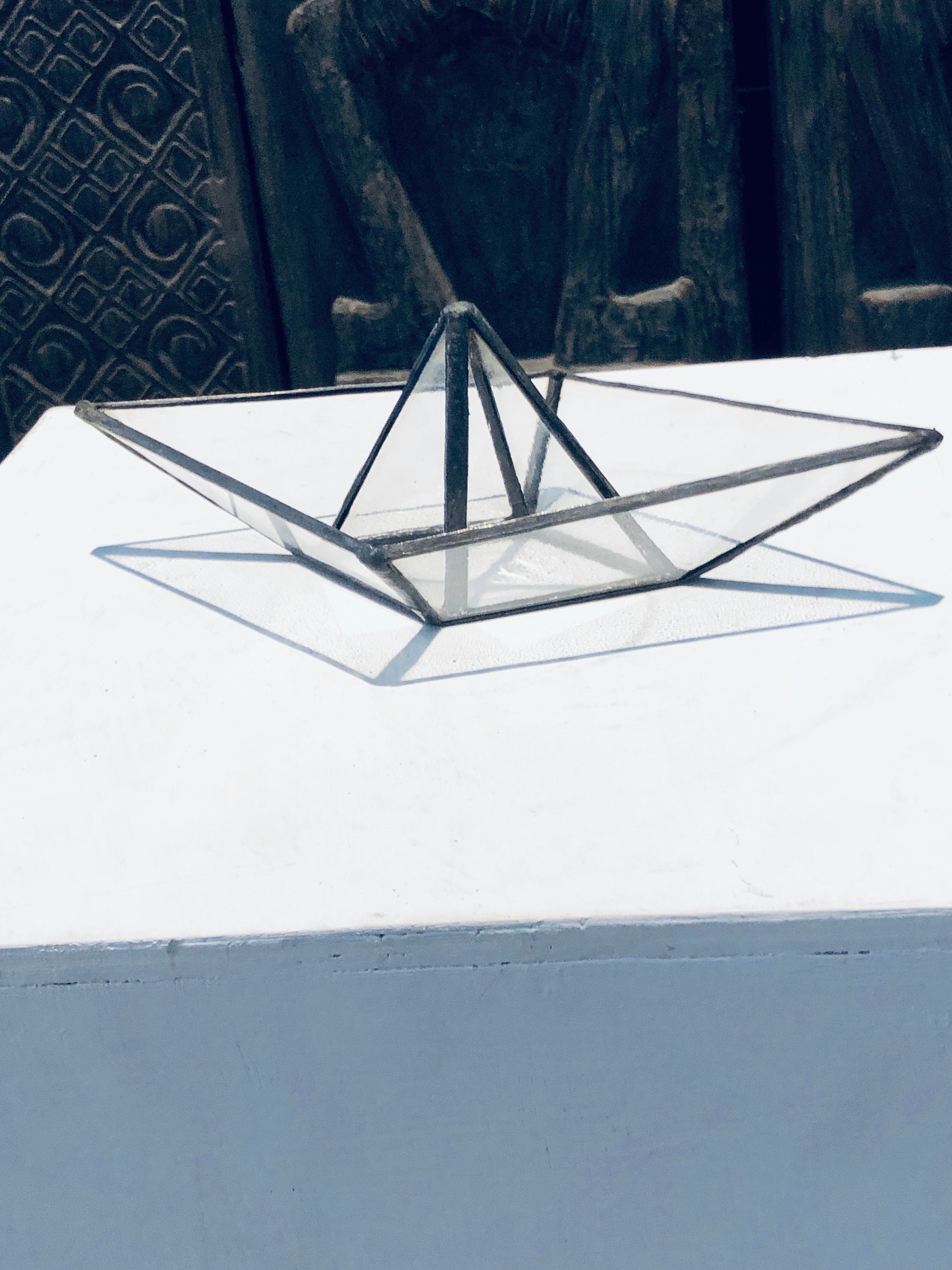 Stained clear glass 3D paper origami style sailing boat table top decoration Sculpture Tiffany technique - Small