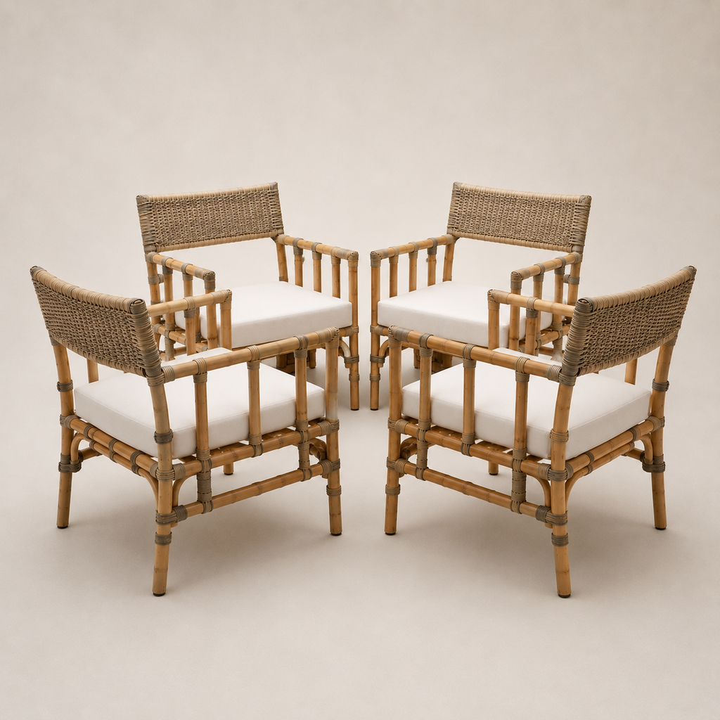 Set of Four Wicker Rattan Chair with white cushion