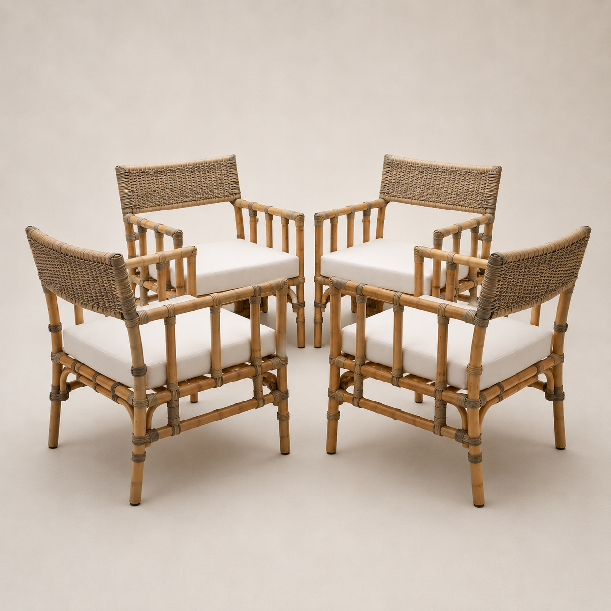 Set of Four Wicker Rattan Chair with white cushion