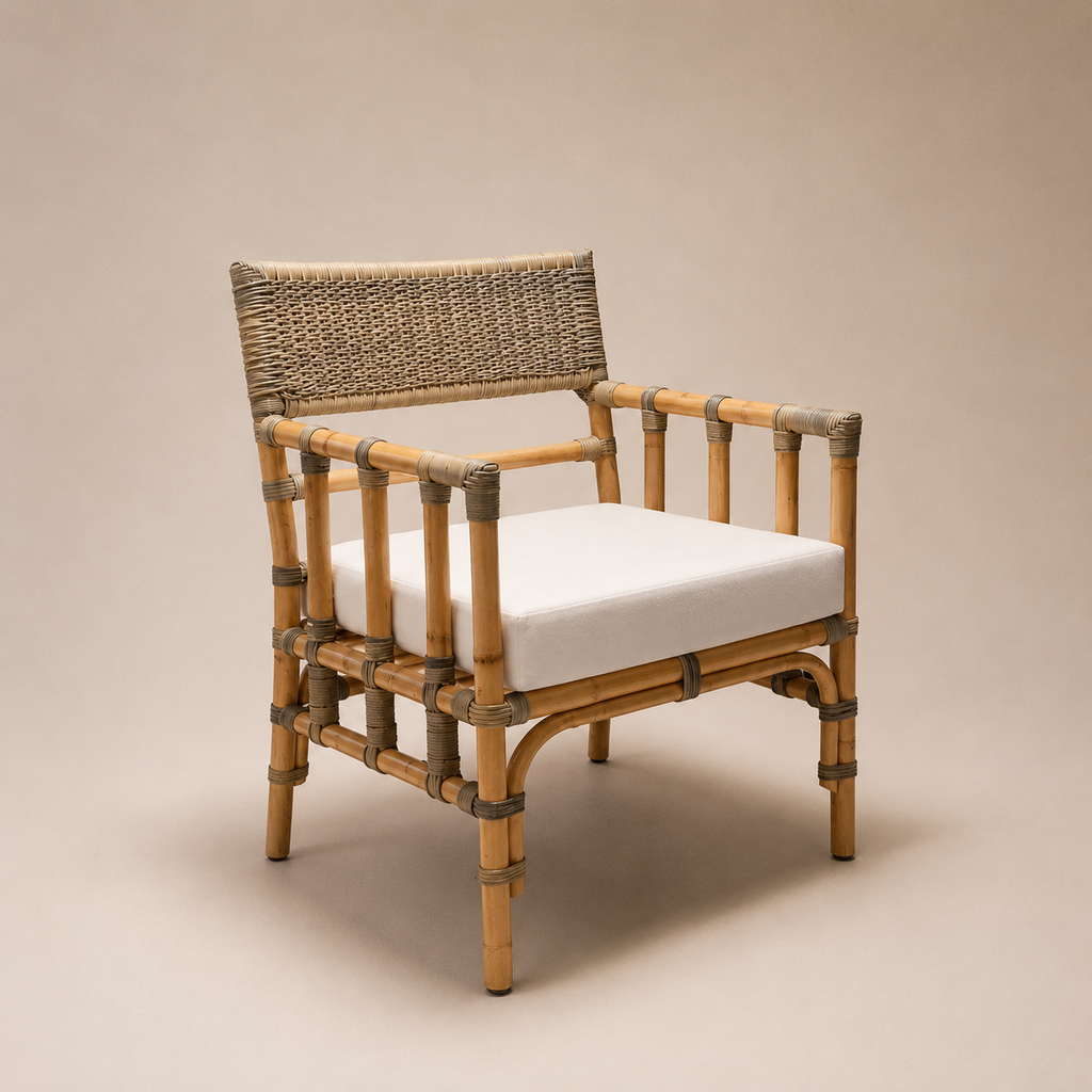 Set of Four Wicker Rattan Chair with white cushion