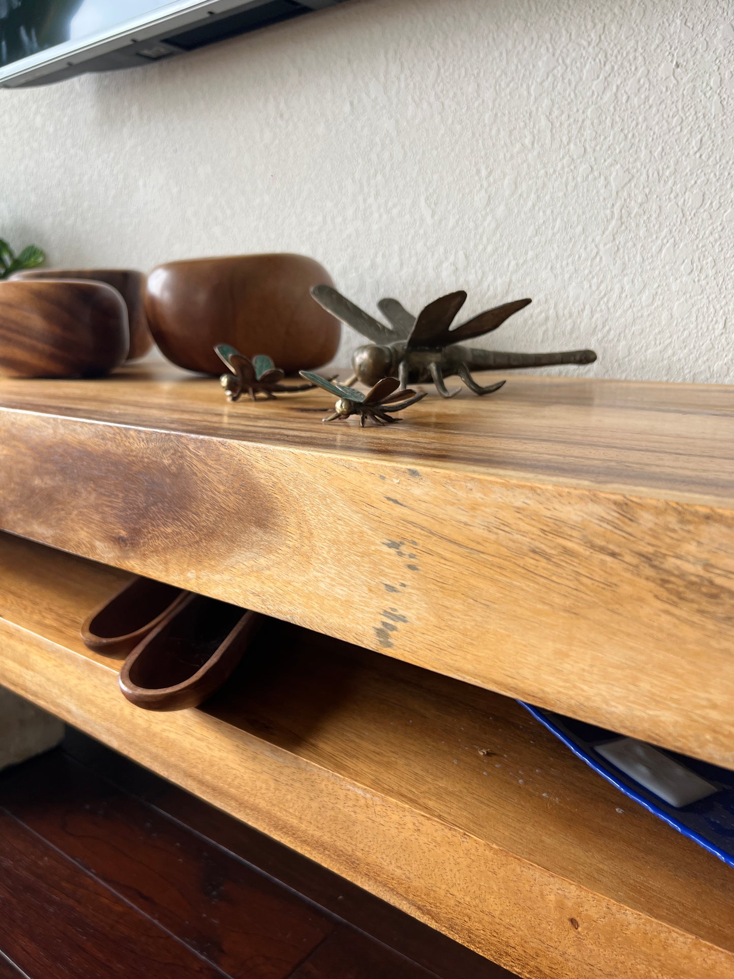 Solid Wood TV Console with Limestone Legs - Minimalist Rustic Design