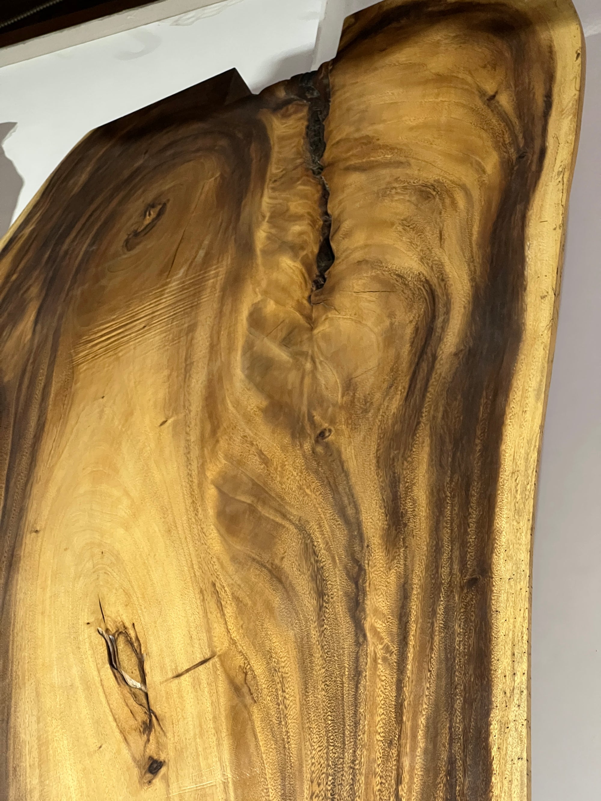No. 9 – 150” Live Edge Dining Table – Acacia Slab with Limestone Base