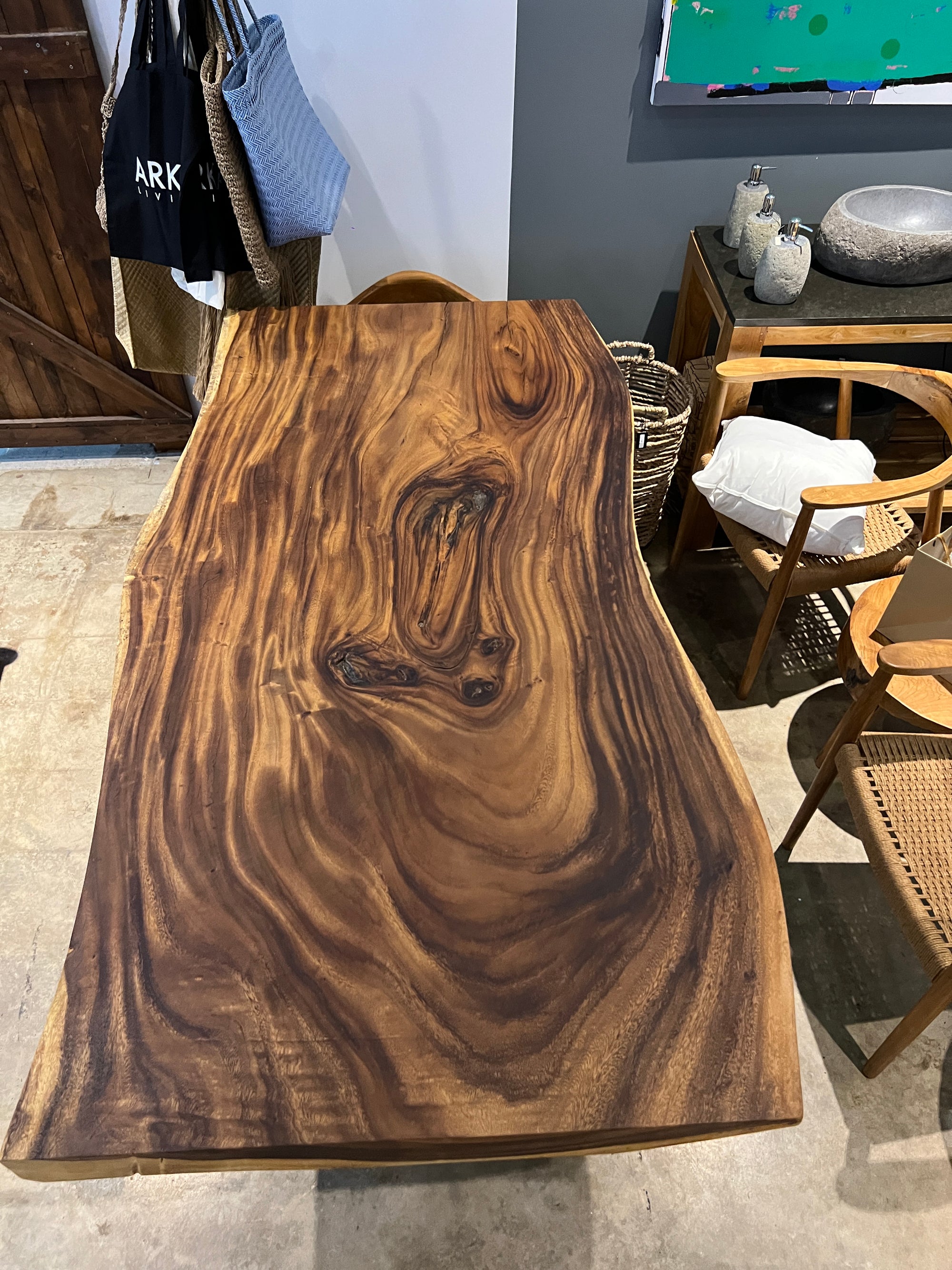 No. 18 – 75” Live Edge Dining Table – Acacia Wood Slab with Black Metal Base