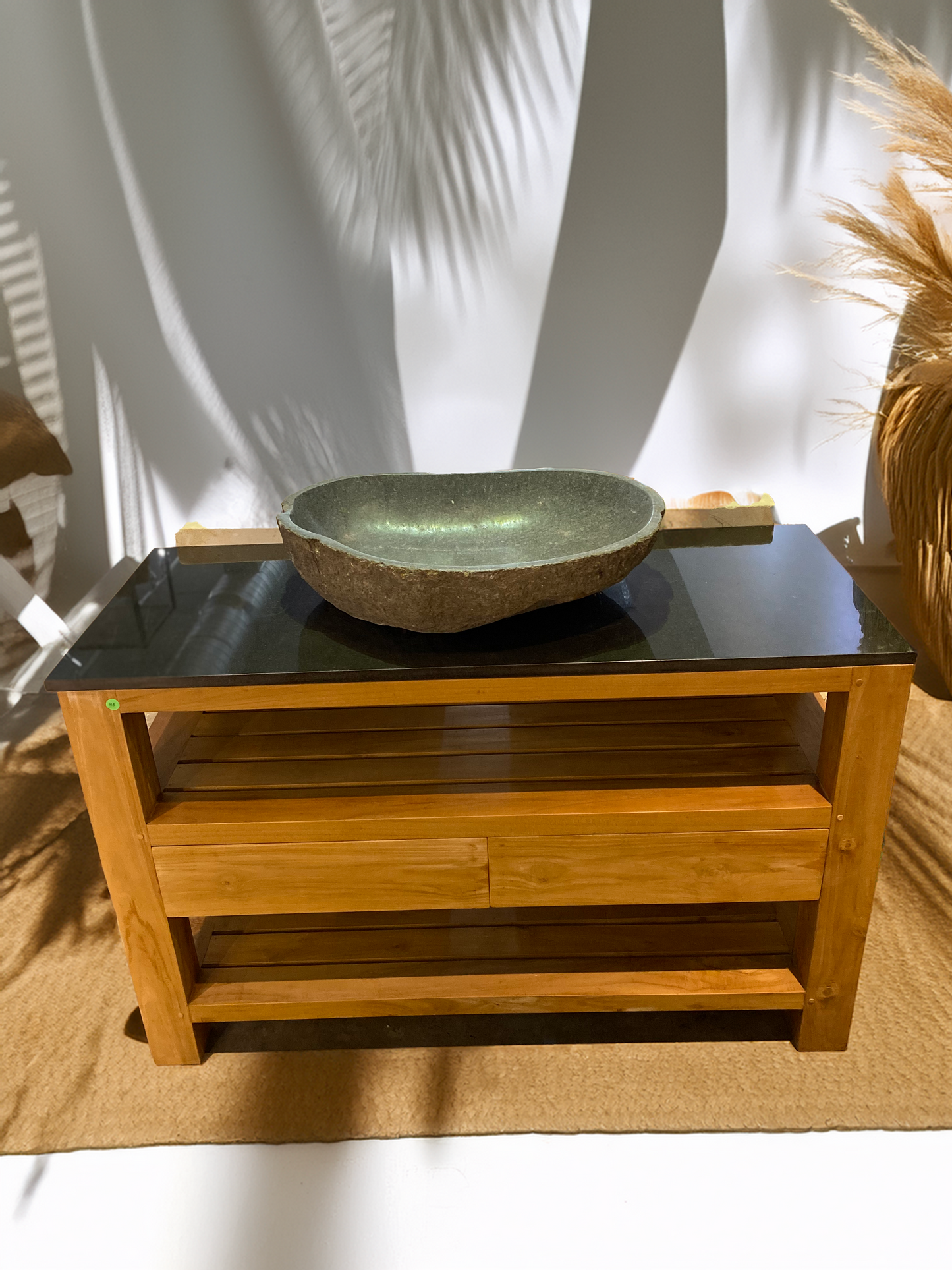 Teak wood single vanity with drawers | Natural Teak Modern Design | W/ DARK MARBLE TOP