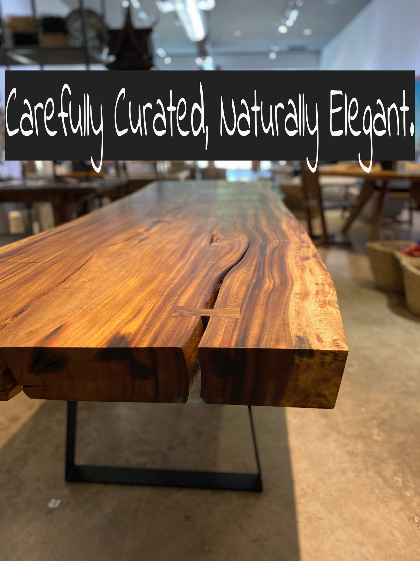 156"  Ultra Long Live Edge Dining Table | Unique Contrast Between Wooden Slab and Limestone Base