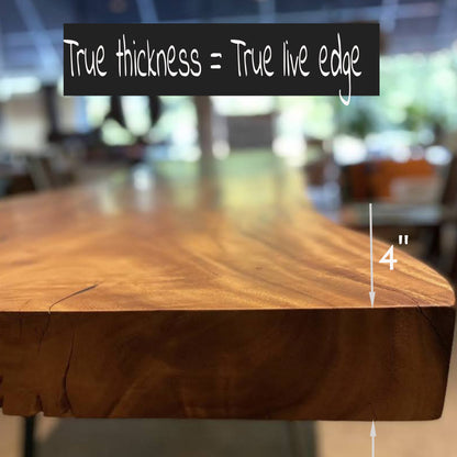 No. 1 – 111” Live Edge Dining Table – Sealed Acacia Slab with Black Metal Base