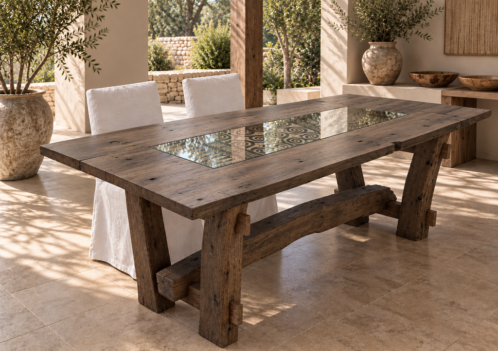 No. 88 – 86” Antique Door Table – Reclaimed Wood with Partial Glass Inset