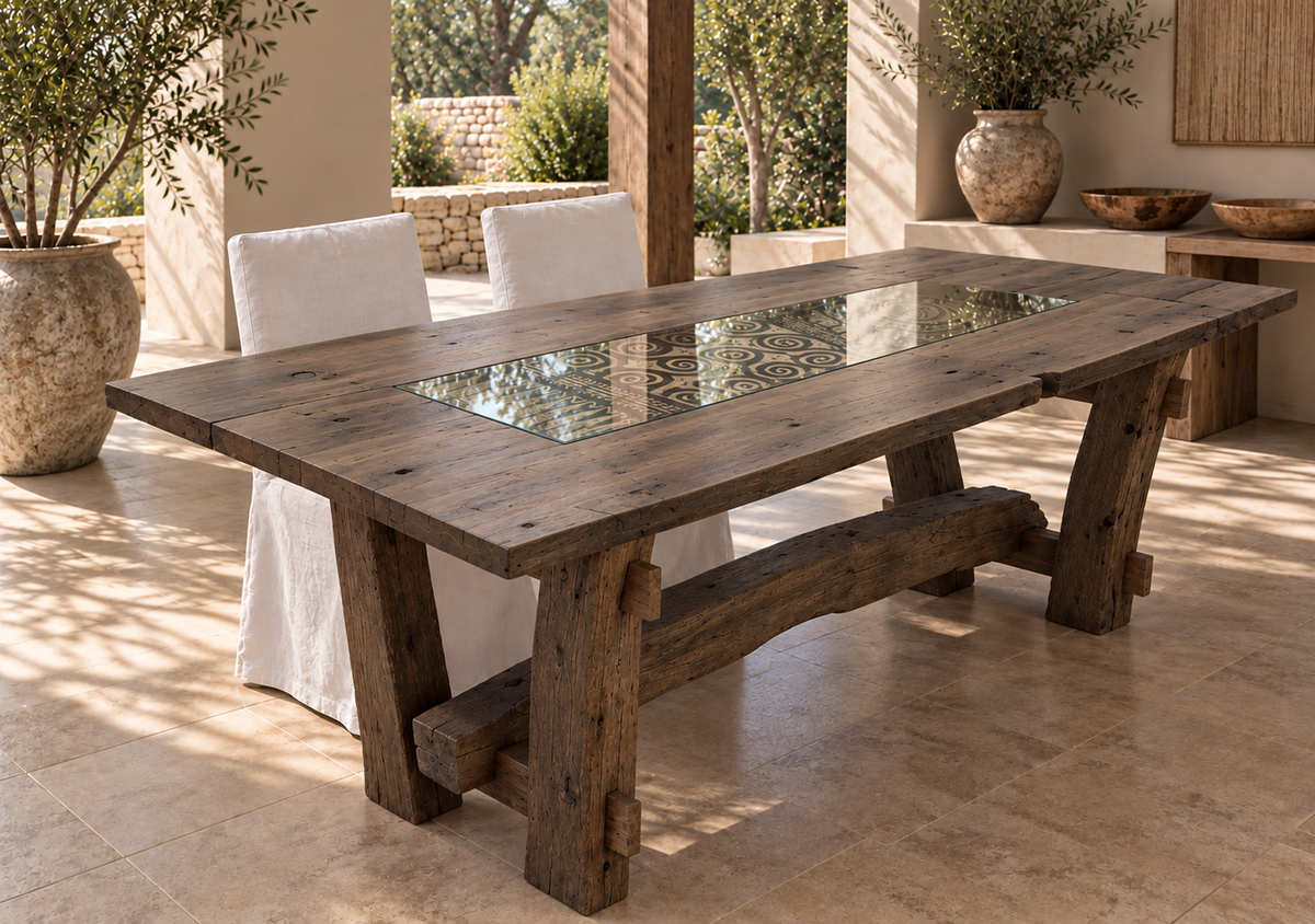 No. 88 – 86” Antique Door Table – Reclaimed Wood with Partial Glass Inset