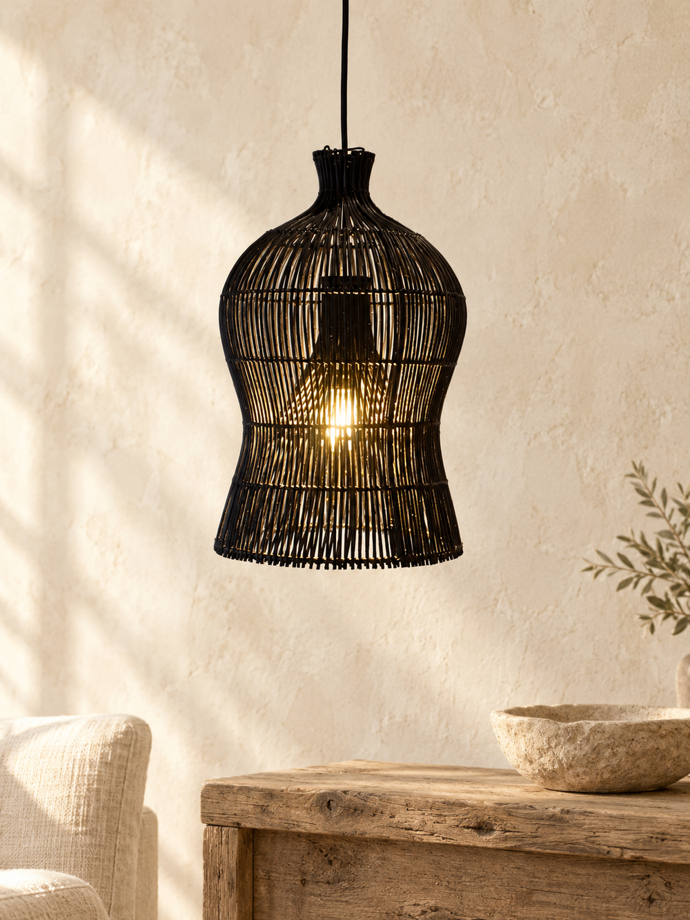 Black Rattan Pendant Light | Simple and Natural Lamp Boho