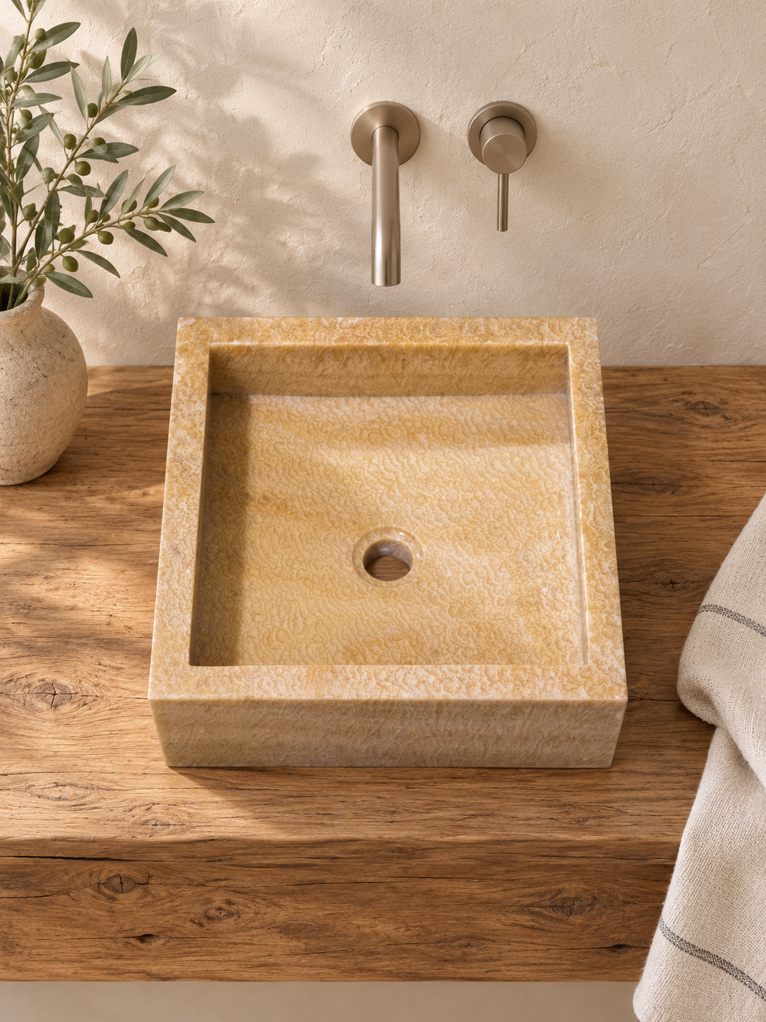 Natural Square Vessel Sink | Semi-Opaque Onyx Stone 1 — ARKA Living editorial bathroom