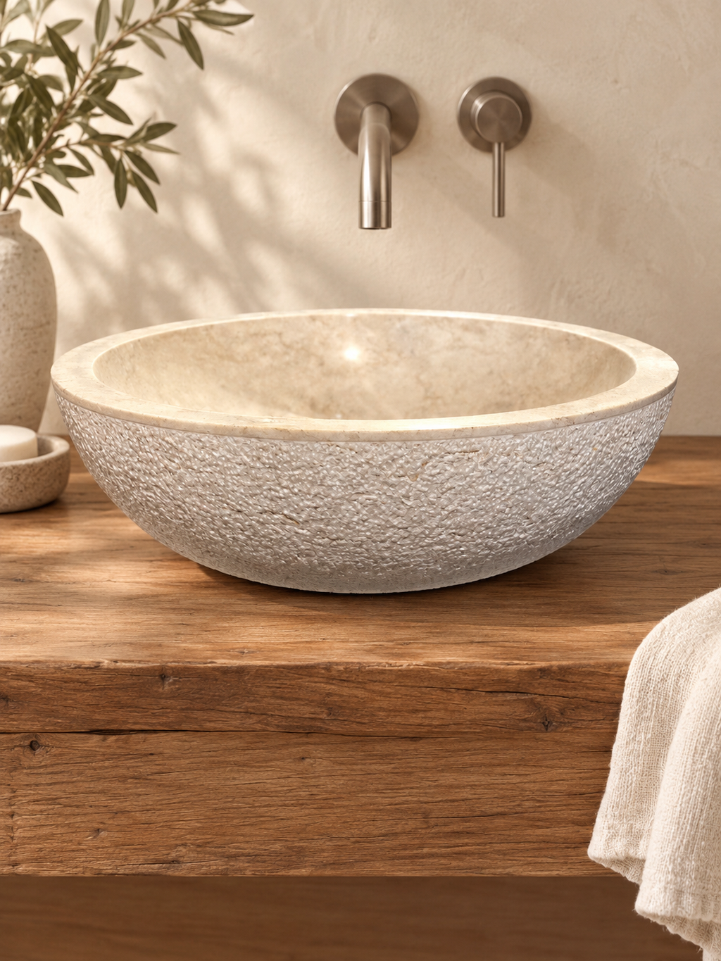Hammered Marble Vessel Sink – Cream — ARKA Living editorial bathroom