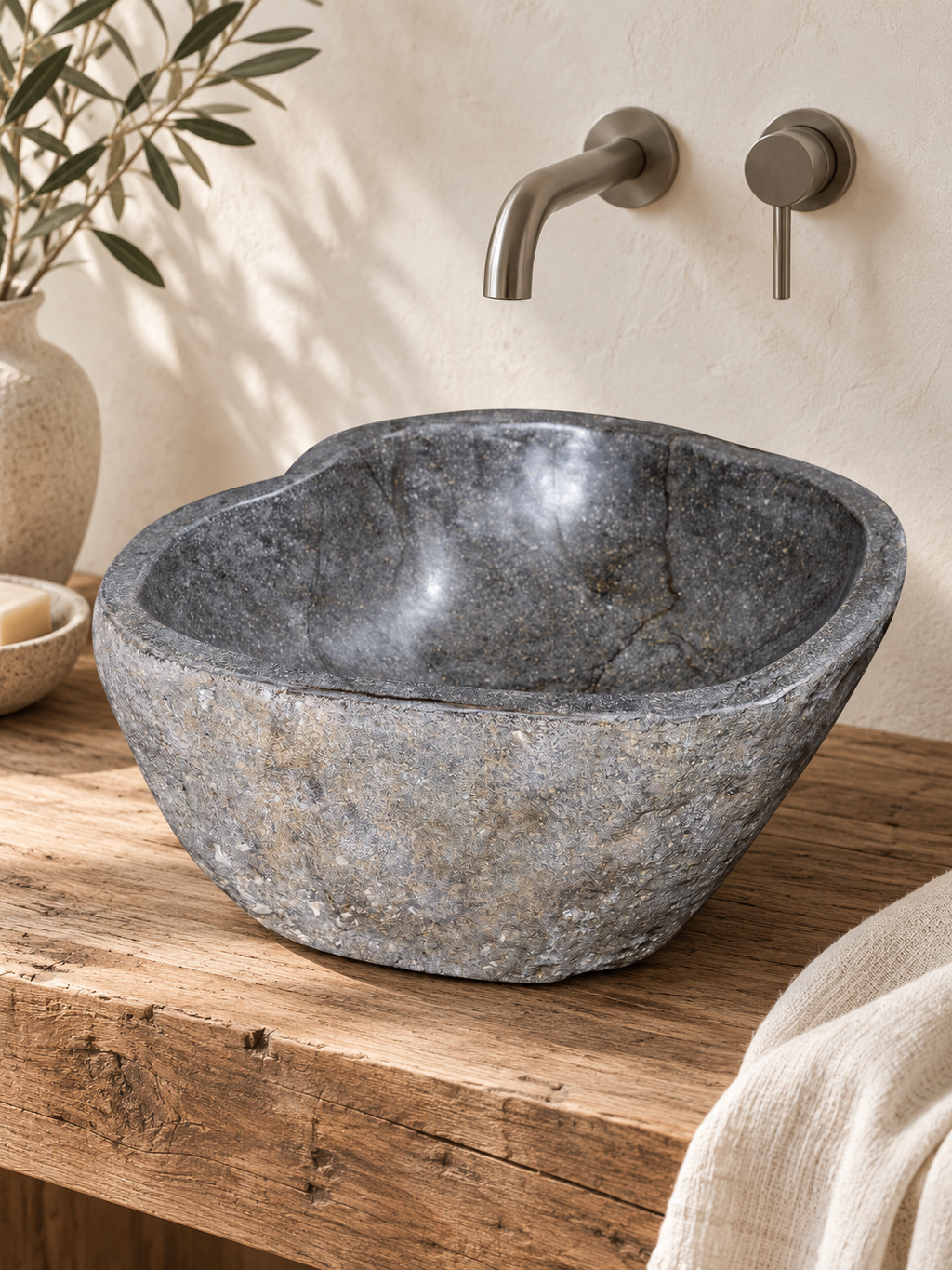 Hand-Carved River Stone Vessel Sink No. 17 — ARKA Living editorial bathroom