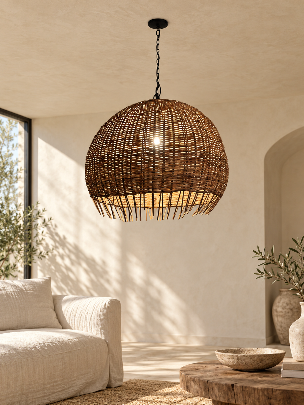 Bamboo woven Jellyfish pendant in a bright Modern Organic interior