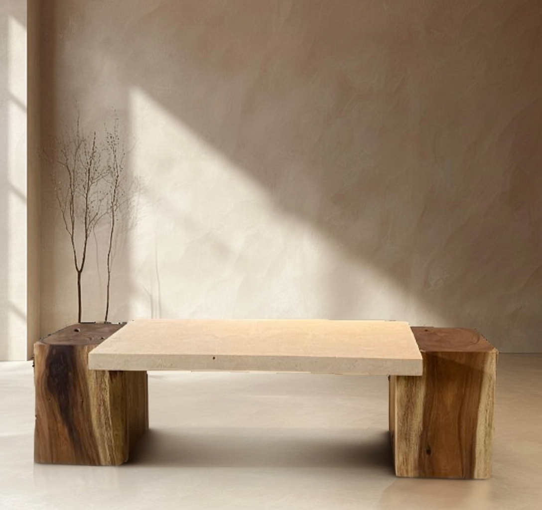 Rectangular Live Edge Dining Table | Unique Contrast Between Limestone Slab and Wood Block Bases
