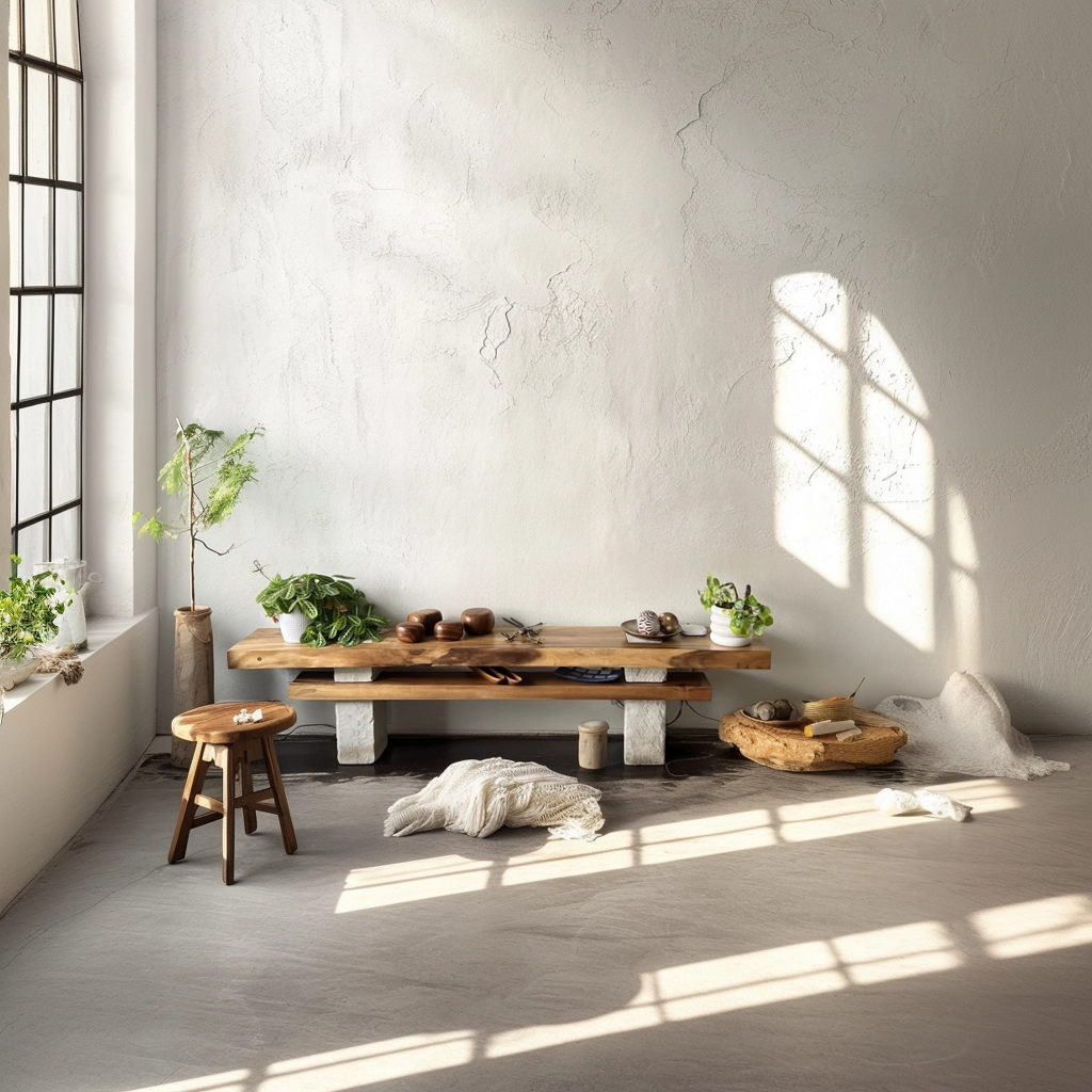 Solid Wood TV Console with Limestone Legs - Minimalist Rustic Design