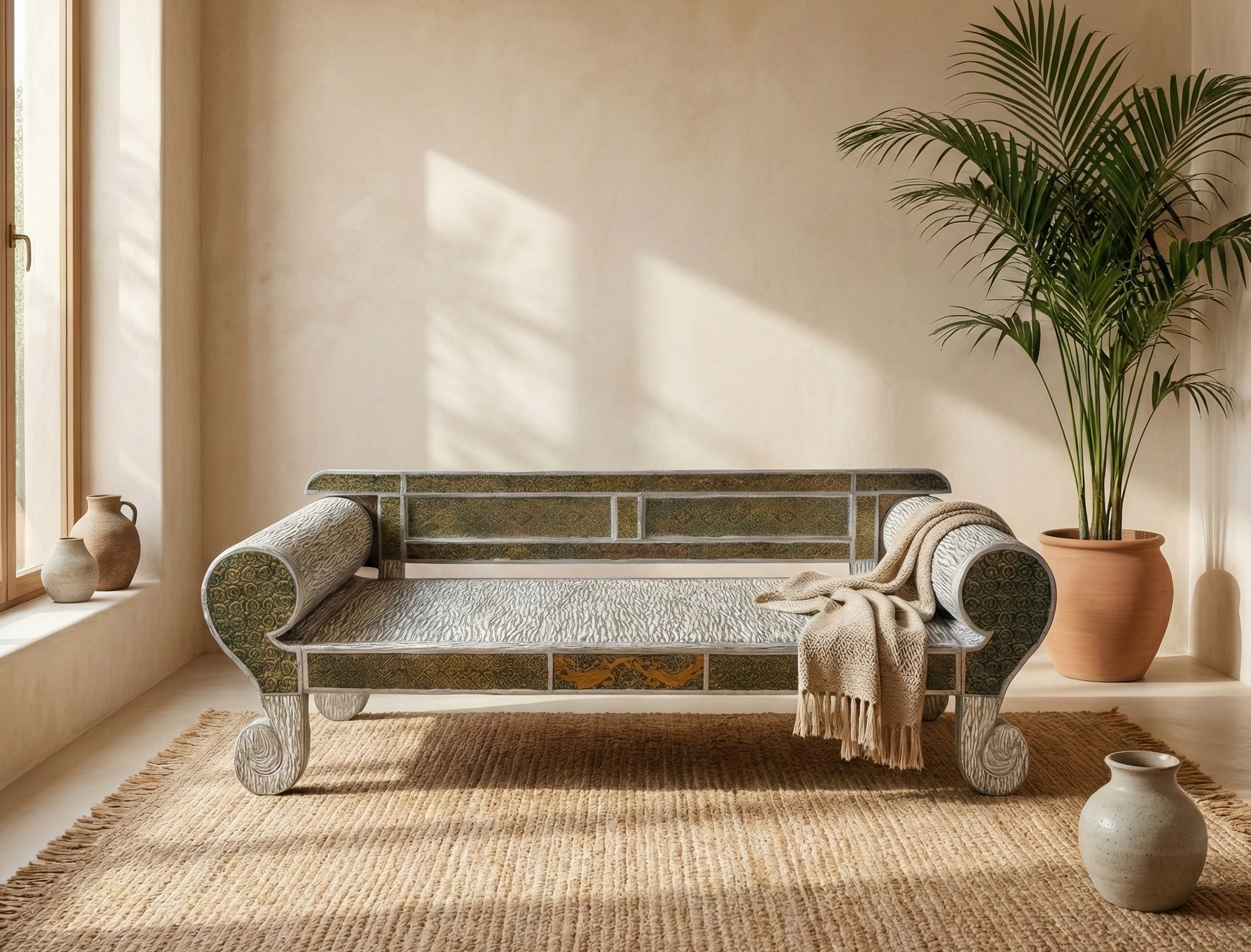 Hand-Carved Boho Daybed | Solid Golden Teak | Whitewashed Timor Design | 102” Oversized Statement Daybed