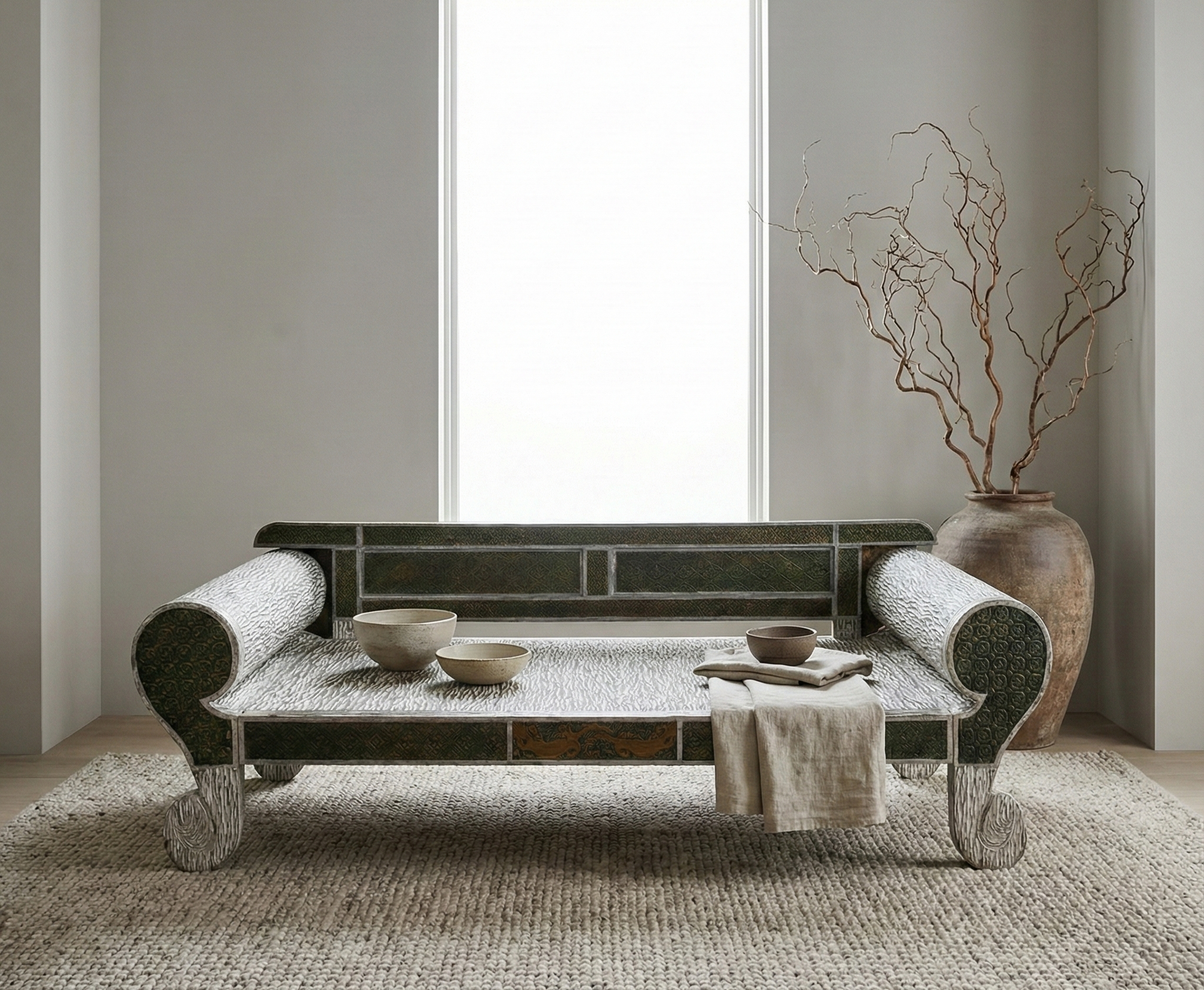 Hand-Carved Boho Daybed | Solid Golden Teak | Whitewashed Timor Design | 102” Oversized Statement Daybed