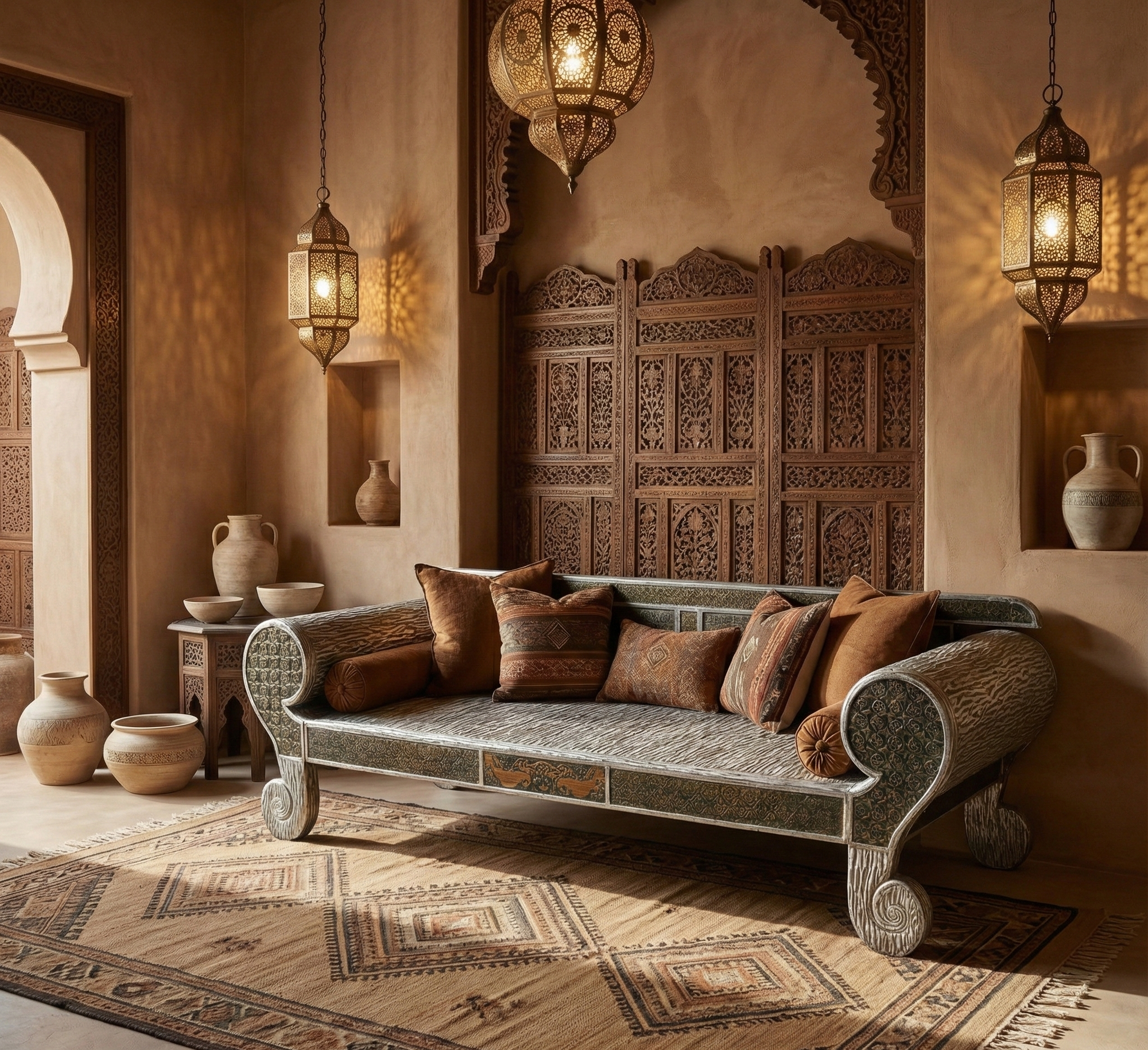 Hand-Carved Boho Daybed | Solid Golden Teak | Whitewashed Timor Design | 102” Oversized Statement Daybed