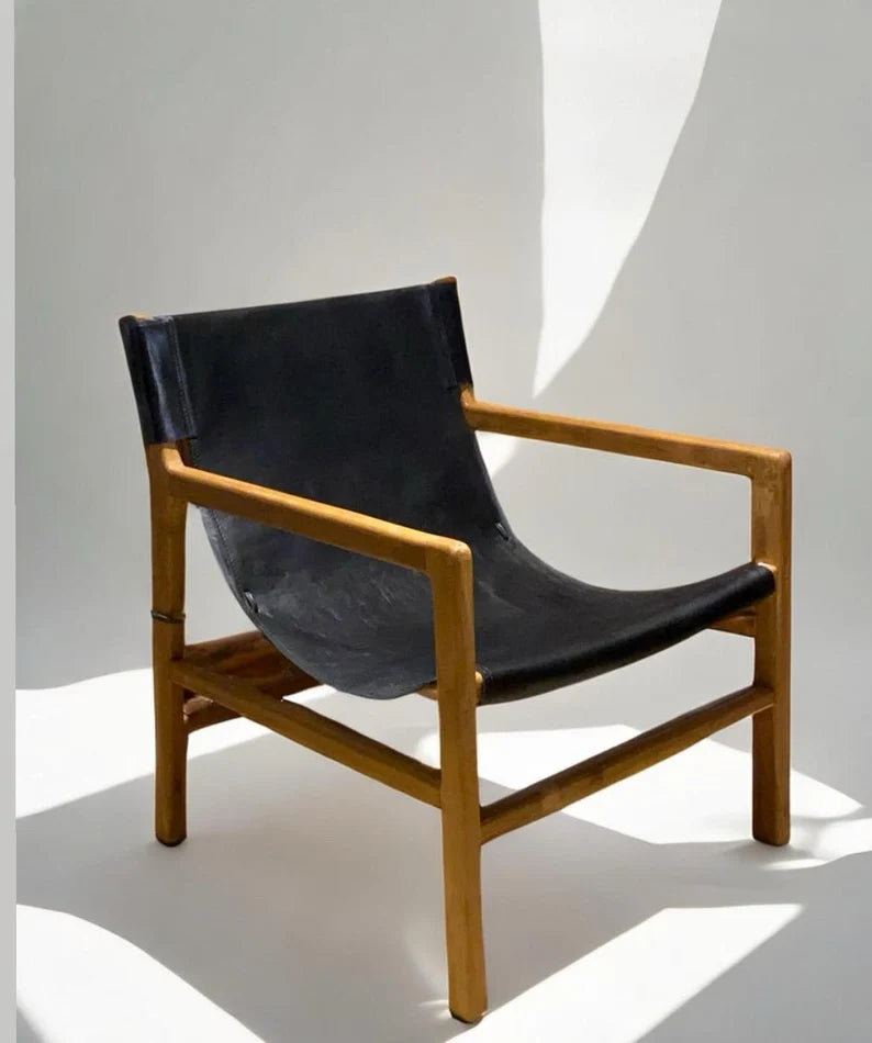Black Leather & Teak Lounge Chair 