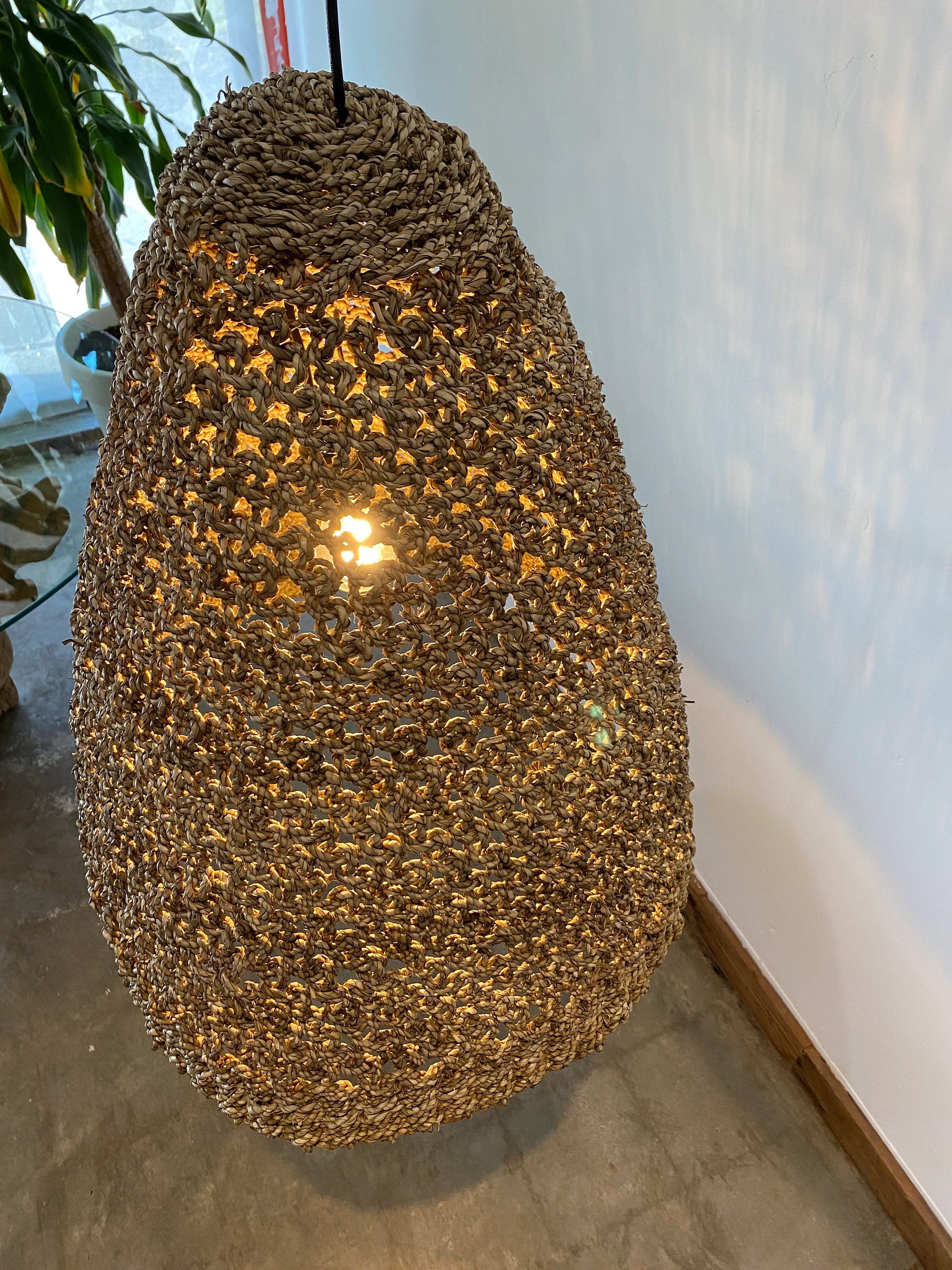 Nantucket Pendant Lamp, Seagrass Raffia hanging pendant light, hand woven