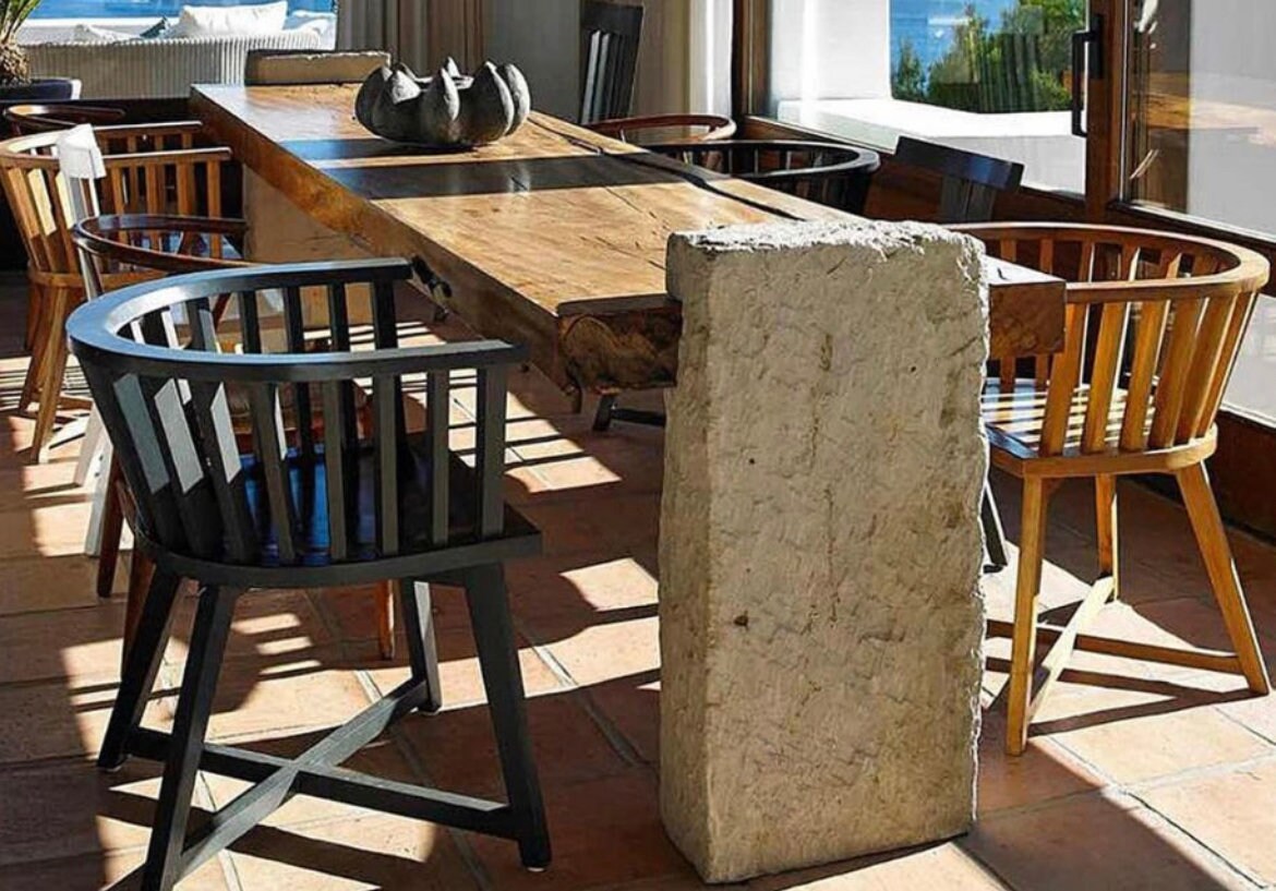 No. 9 – 150” Live Edge Dining Table – Acacia Slab with Limestone Base