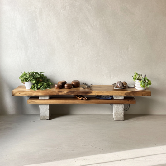 Solid Wood TV Console with Limestone Legs - Minimalist Rustic Design