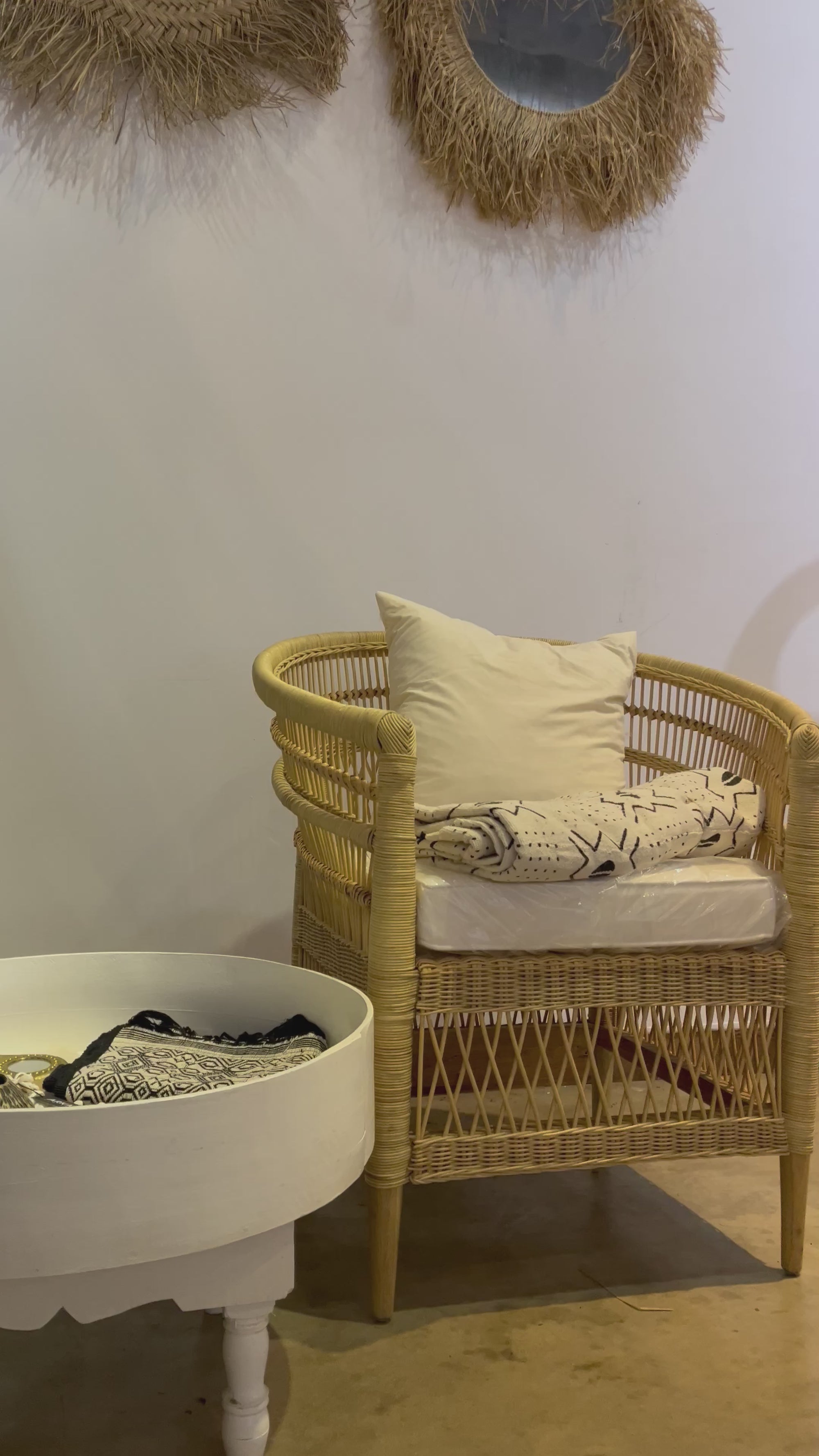 Set of Four (4) Natural Rattan Outdoor/Indoor Chair | Simple Unique Dining Chair with white cushion