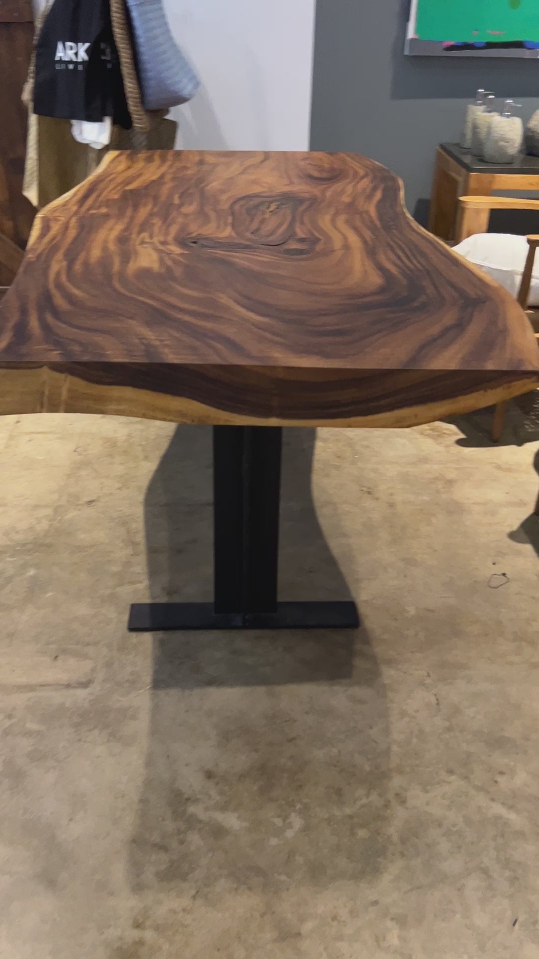 No. 18 – 75” Live Edge Dining Table – Acacia Wood Slab with Black Metal Base