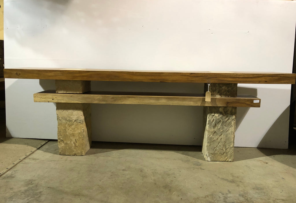 Low Live Edge console, Media Console, entry way table , Single Wood Slabs on Limestone Base