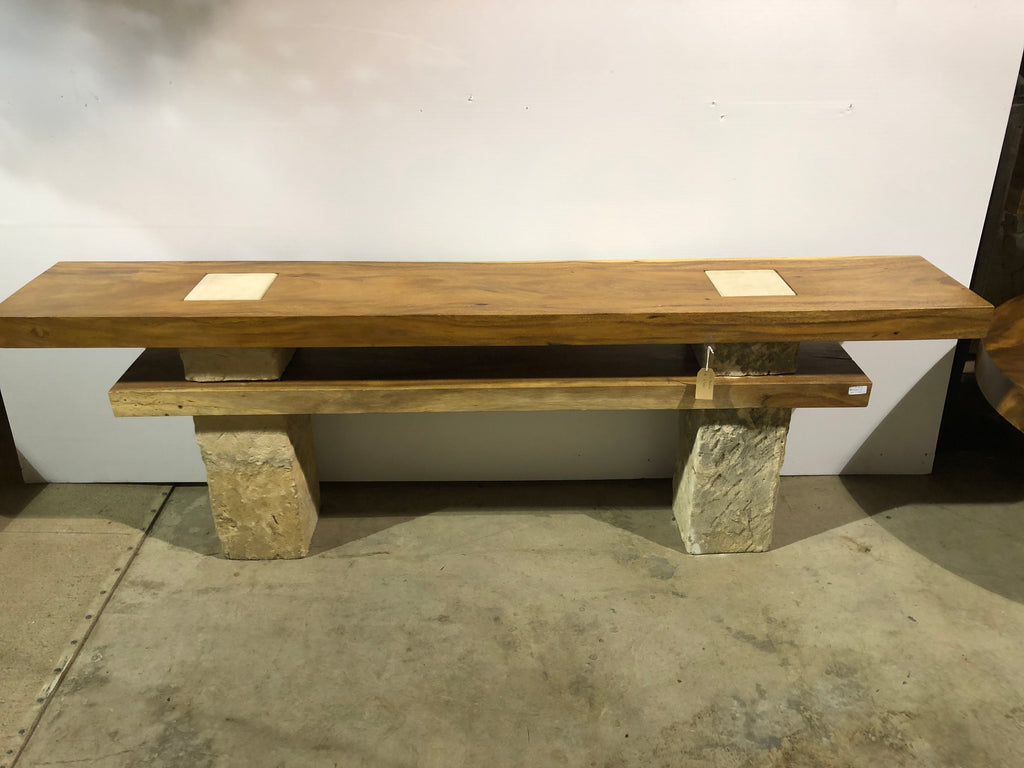 Low Live Edge console, Media Console, entry way table , Single Wood Slabs on Limestone Base