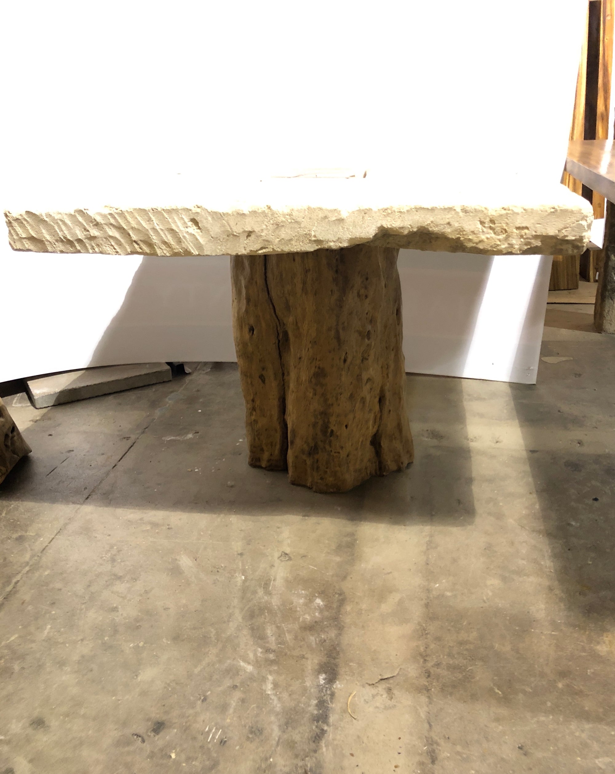 Square Limestone Table with Tree Trunk Base