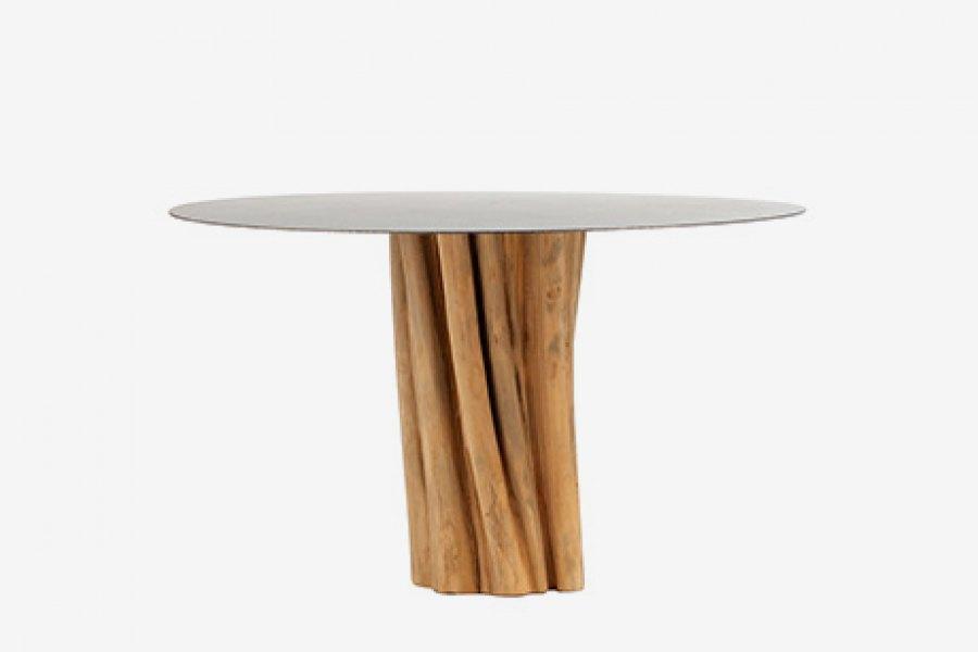 ARKA Living DINING Iron Top w/ natural trunk base round dining table