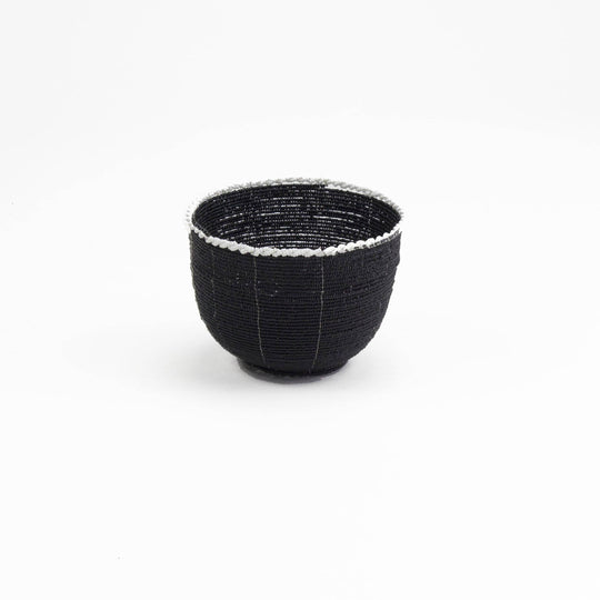 Handcrafted Beaded Basket | Black and White Rim Bead Bowl