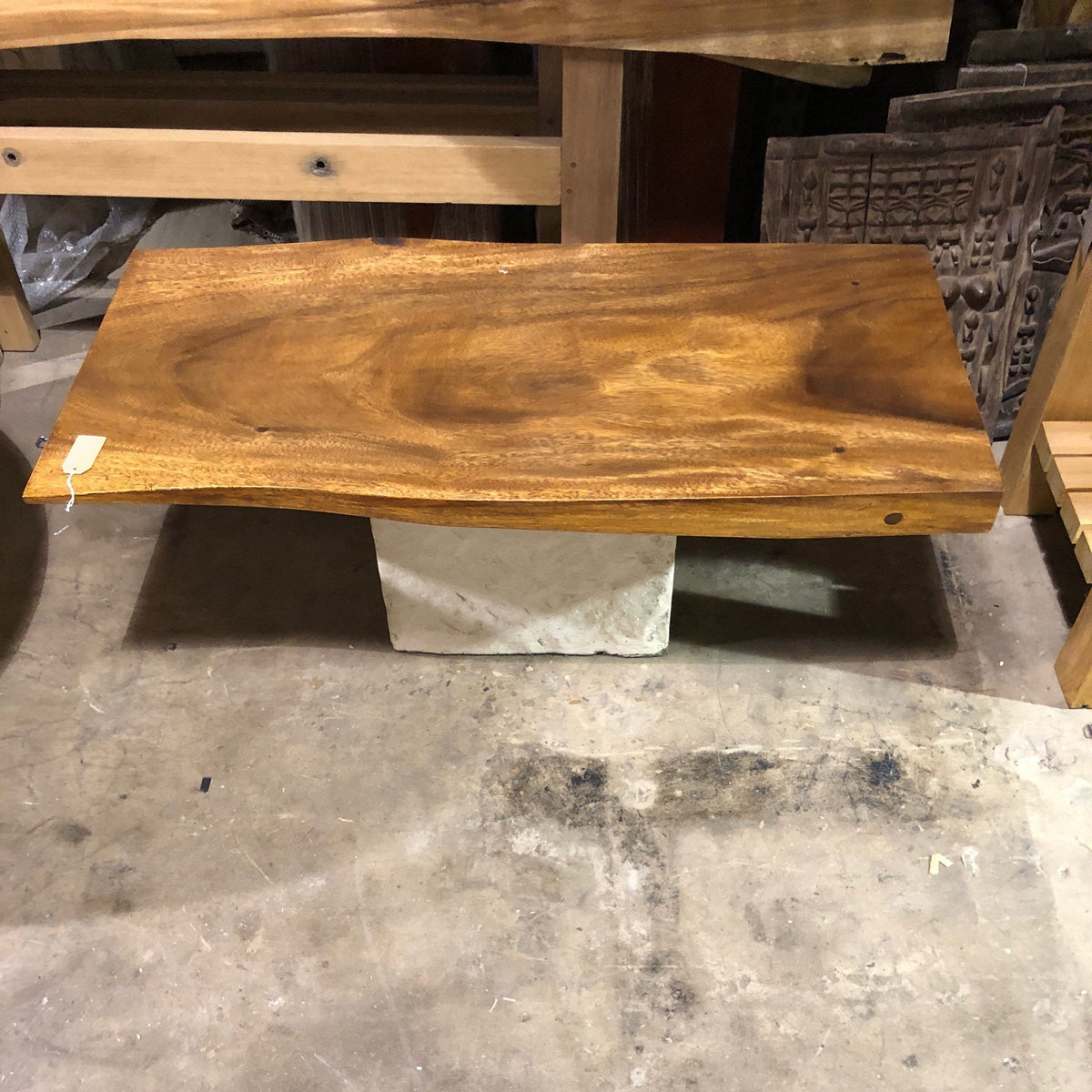 Live Edge Wood Slab Coffee Table with Limestone Base