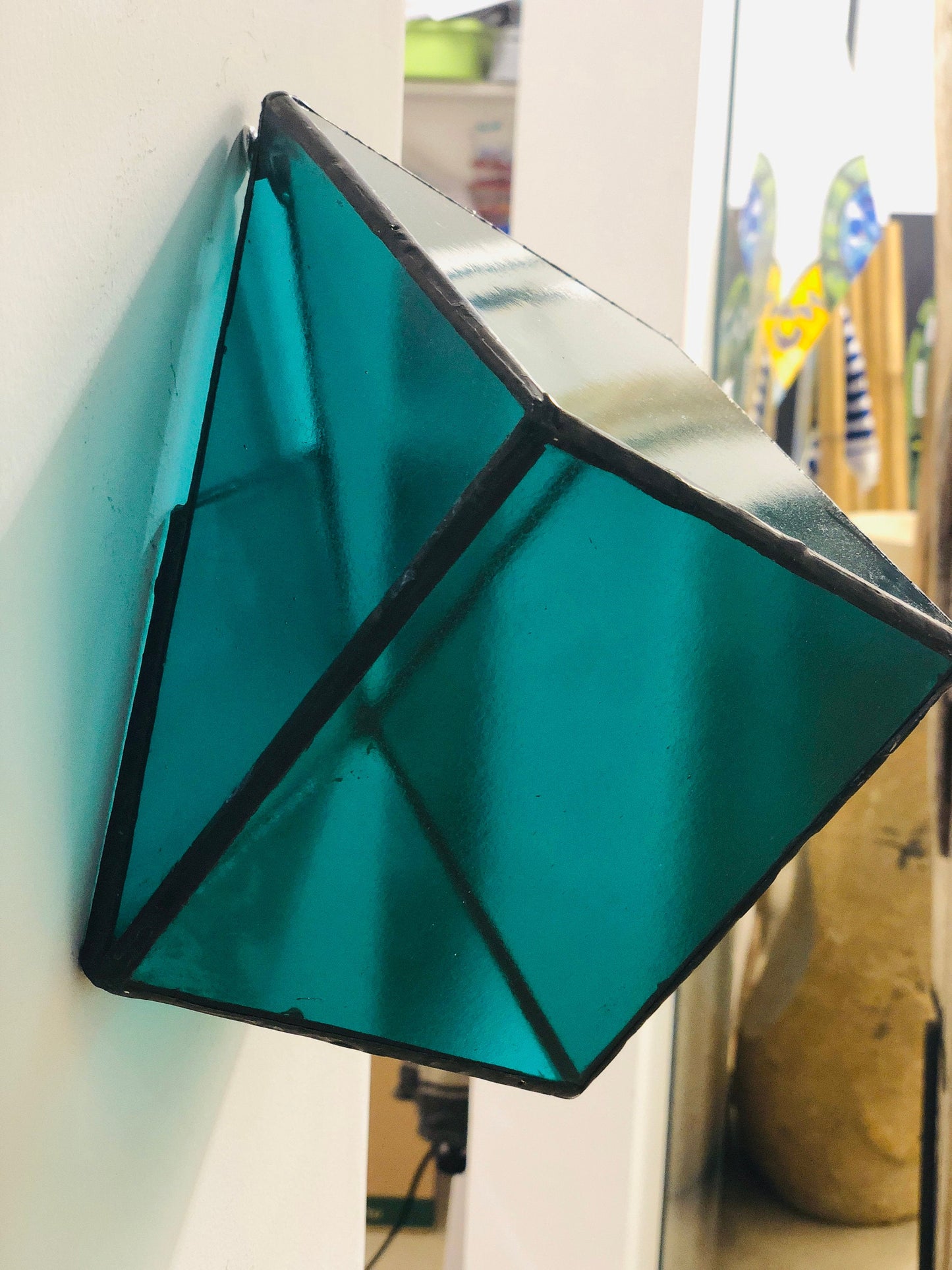 Stained green transparent glass 3D geometric cube wall or table top decoration Sculpture Tiffany technique - Large, Platonic Solid