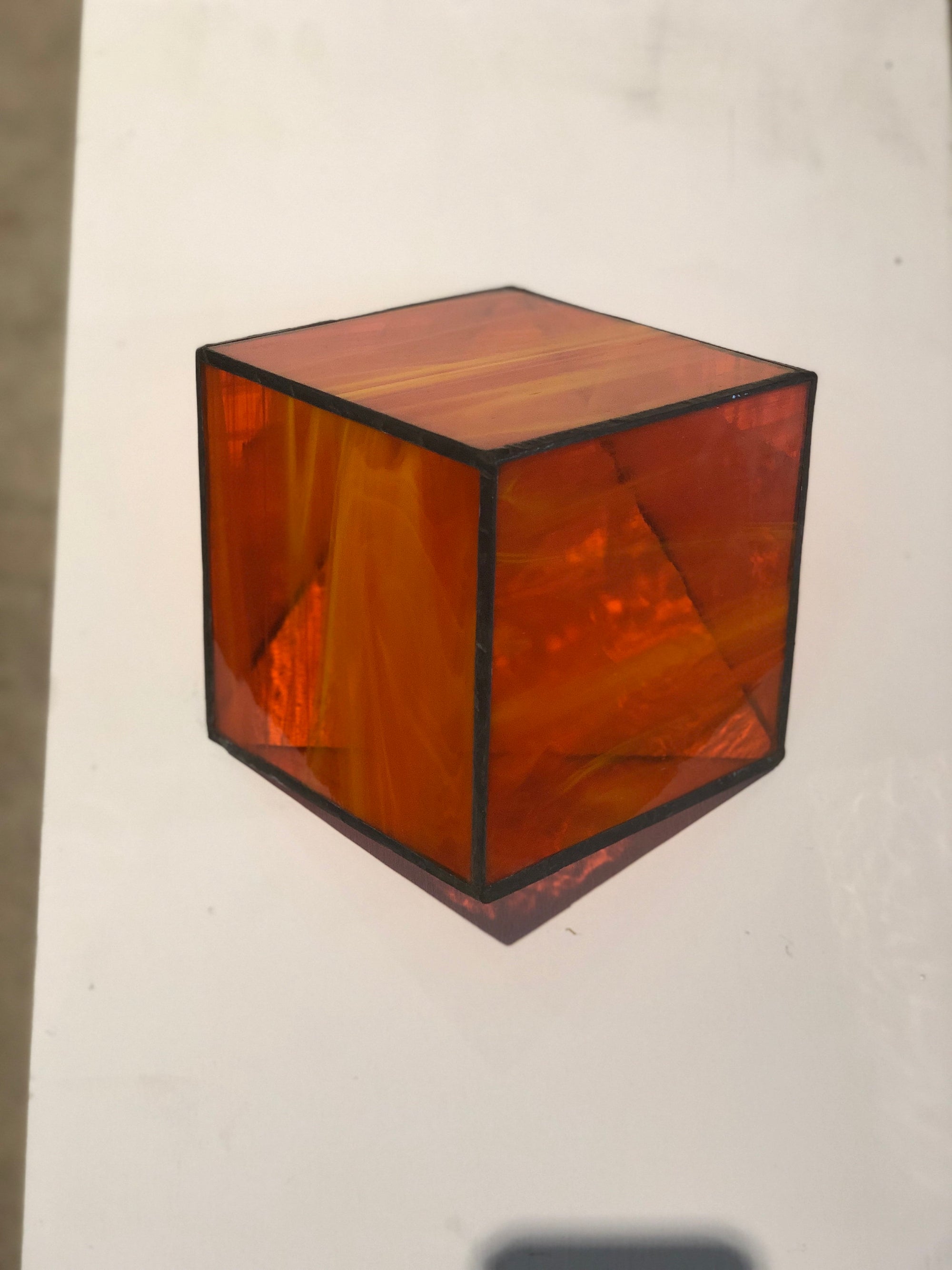 Orange Stained Glass semi transparent 3D geometric cube wall or surface Sculpture Decor